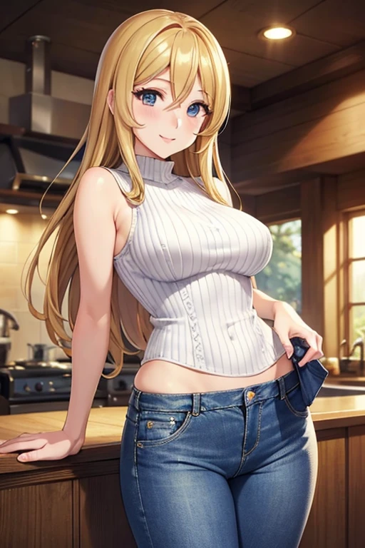 mori yuki、Shiny golden hair, Long Hair, (Beautiful blue eyes)、smile、超Detailed eyes、Highly detailed face, 非常にDetailed eyes,

, Cowboy Shot、
 break (White sleeveless cropped knit, Denim pants), 
 Stylish decorations, alone, Curvy Women,   (Detailed eyes:1.2), smile, blush, 
