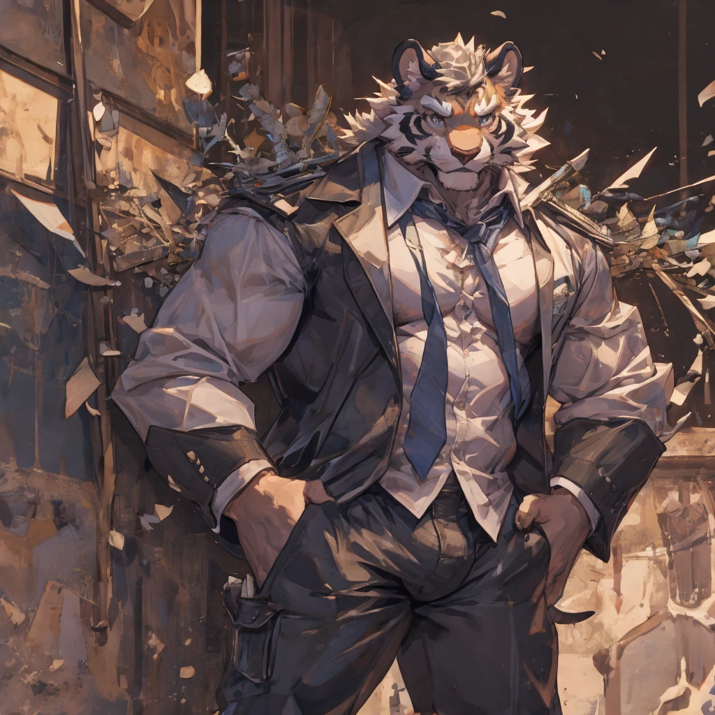 {{bara extremely handsome white tiger student,}} {{white fur,}} white, wearing blazer, trousers, white dress shirt and necktie, white fluffy furry body and limbs, loafers, very tall, very broad shoulders, narrow waist, muscular arms, massive pecs, purple eyes, very long legs, massive bulge, sophisticated hot look, 3/4 view, best quality, leaning on wall, high detail, CG image, character splash art, silver earring on left ear, sultry smirk