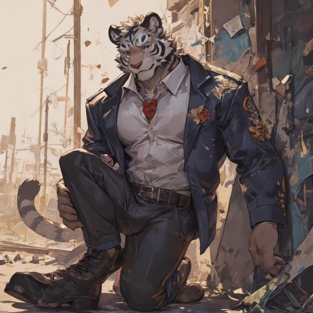 {{bara extremely handsome white tiger student,}} {{white fur,}} white, wearing blazer, trousers, white dress shirt and necktie, white fluffy furry body and limbs, loafers, very tall, very broad shoulders, narrow waist, muscular arms, massive pecs, purple eyes, very long legs, massive bulge, sophisticated hot look, 3/4 view, best quality, leaning on wall, high detail, CG image, character splash art, silver earring on left ear, sultry smirk
