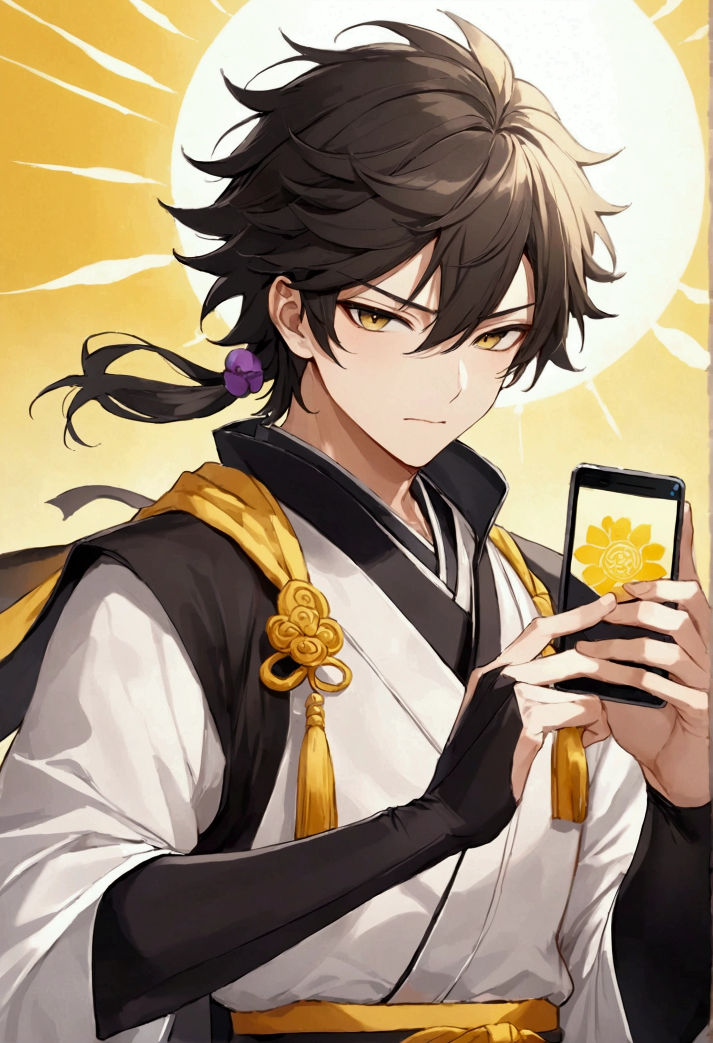 male,Auspicious days,Background yellow,sun,Black Hair，Ninja,have a cell phone