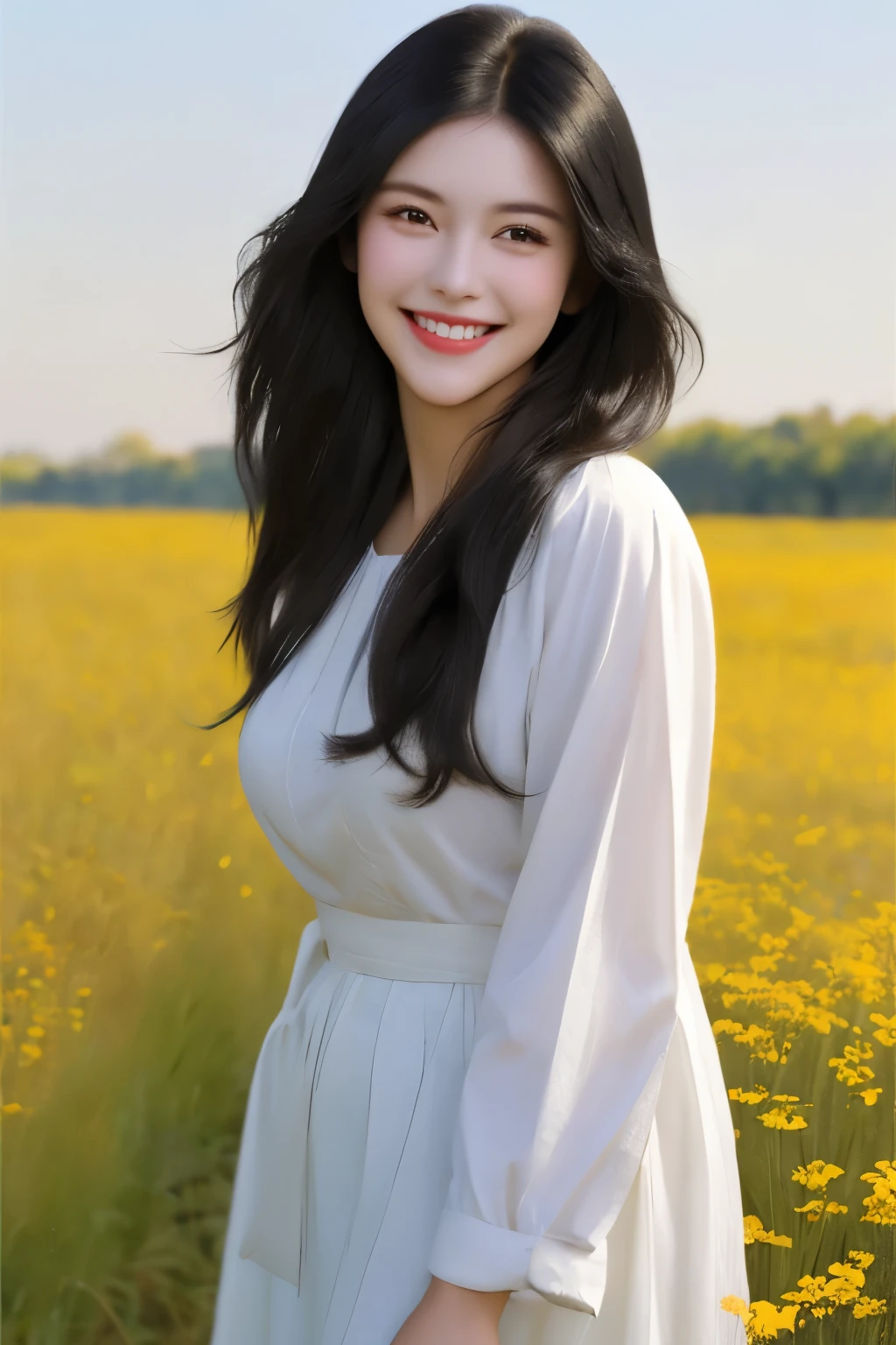 Lady smiling brightly in the field，Simple and neat clothes，Black hair and black eyes，Perfect face，