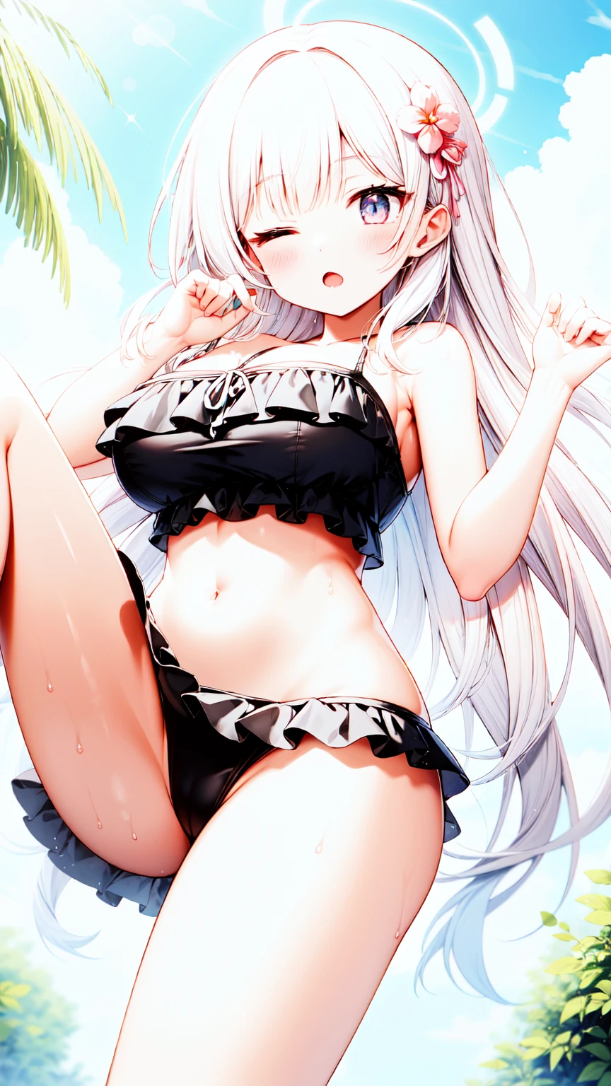 beautiful, masterpiece, best quality, extremely detailed face, perfect lighting, masterpiece, best quality, 1girl, blush, hoshinoswim, ;o, one eyes closed, large breasts, standing, leg up, garden, looking at viewer