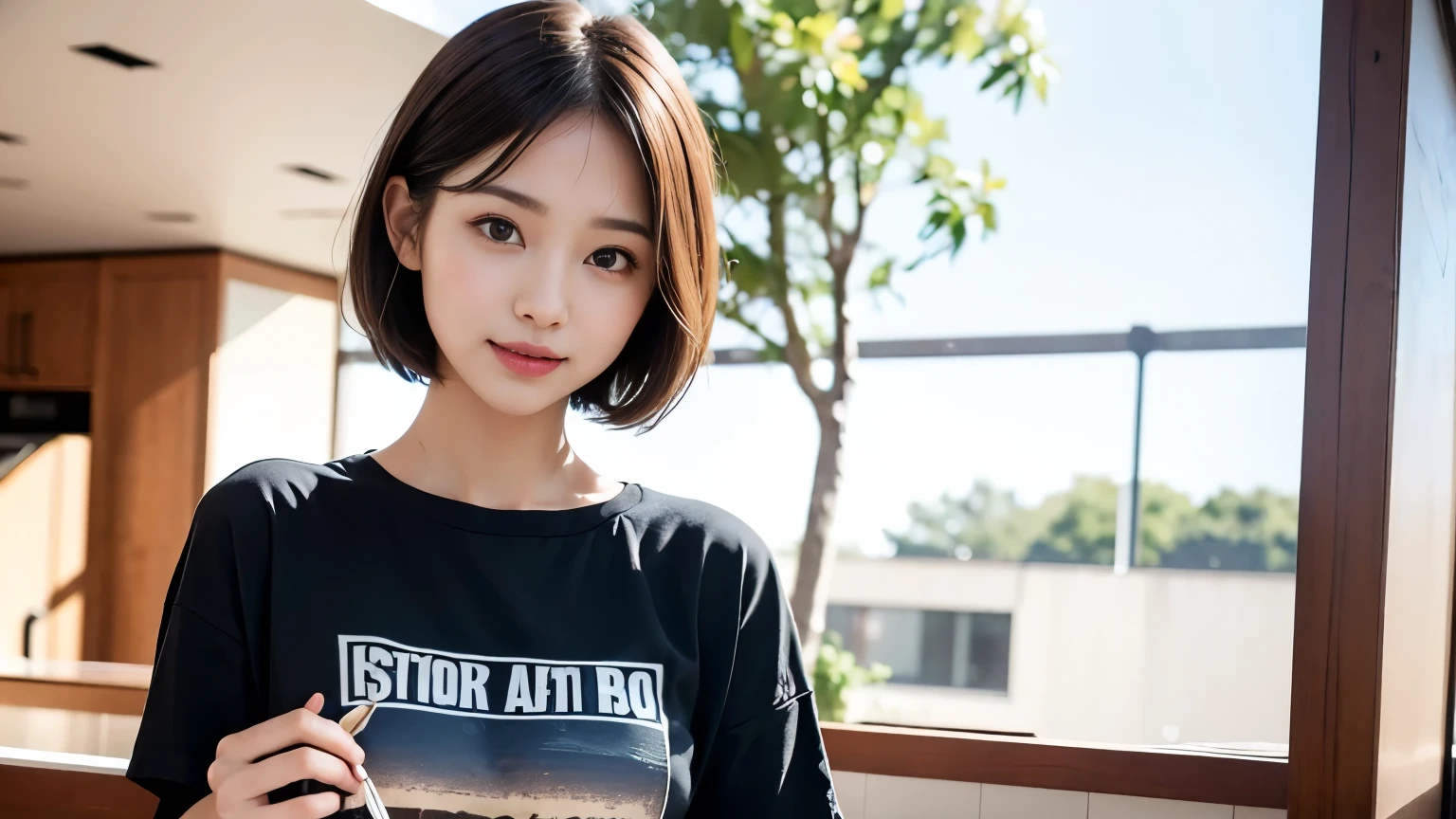 super high quality, smile, Slenderのネックレス, Slender, Gravure photoshoot, The staff is working at the counter in the back., (8k、RAW Photos、Highest quality、masterpiece:1.2), Japanese Idol, Stylish café, (Realistic、Photorealistic:1.37), Mesh Hair, Urban Cafe, Golden Ratio, Raw photo, Cute face , Light Brown Hair, Small breasts, Bright cafe interior, Blurred Background, Summer clothes, Beautiful hairstyle, Photographed inside the cafe, Hair blowing in the wind, Neat clothes, T-Shirts, Very Short Hair, 18-year-old, Stylish clothes,