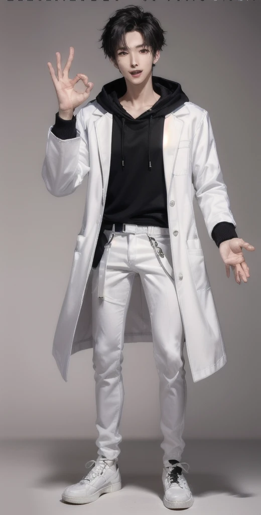 (OK Sign.:1.4),(photorealistic:1.2), (high detail face:1.3), (high detail hands:1.3), (anatomically correct hands:1.2), handsome young asian man, Japanese idol style, short clean-cut hair, ((center part)), (crisp white lab coat:1.3), ((black hoodie underneath:1.2)), (black pants:1.2), (black shoes:1.2), (enthusiastic expression:1.3), ((explain pose:1.4)), (both arms raised:1.3), (clenched fists:1.3), (energetic stance:1.2), plain white background, mid-shot portrait, full body view, high quality, detailed, 8K, (realistic skin texture:1.2), (sharp focus:1.1), (contrast between white coat and black clothing:1.2)
