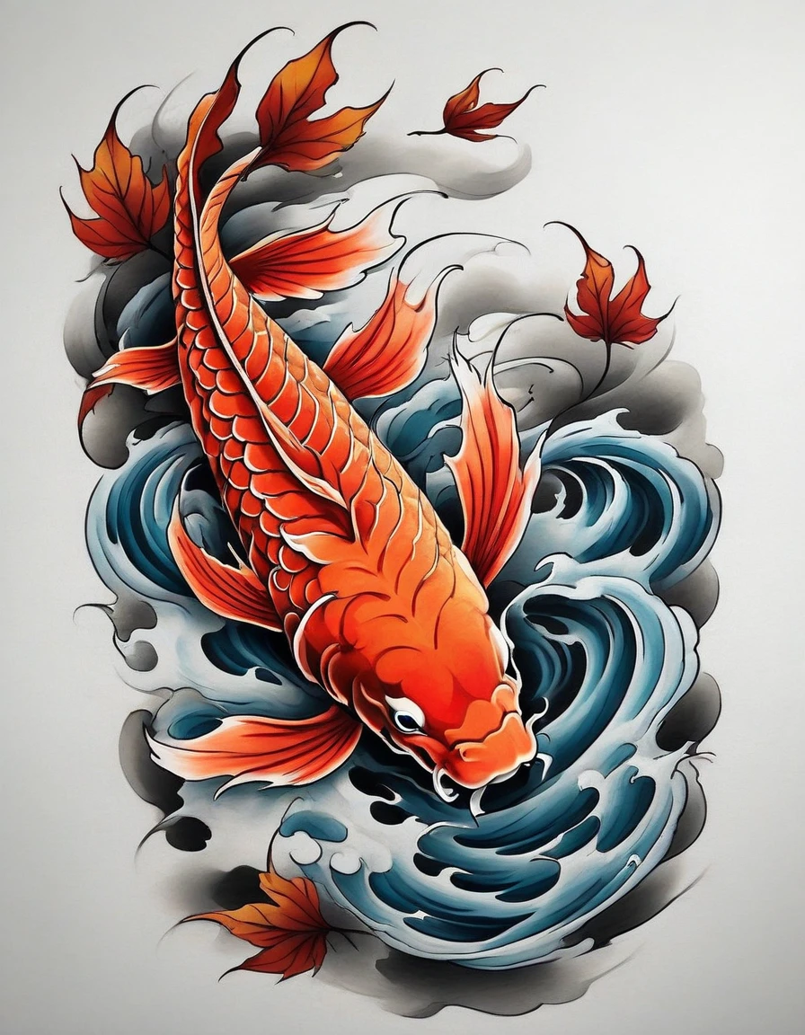 ((solo Koi fish)), Traditional Japanese tattoo design, realistic tattoo art of a red Koifish swimming up stream on wavy water, the background is Japanese wave tattoo with autumn leaves effects, (Unity 16K Wallpaper, masterpiece, Best Quality, high quality, Ultra-detailed, extremely details), ((solo dragon)), ((solo Koi fish)), Traditional Japanese tattoo design, realistic tattoo art of a red Koifish swimming up stream on wavy water, the background is Japanese wave tattoo with autumn leaves effects, 
