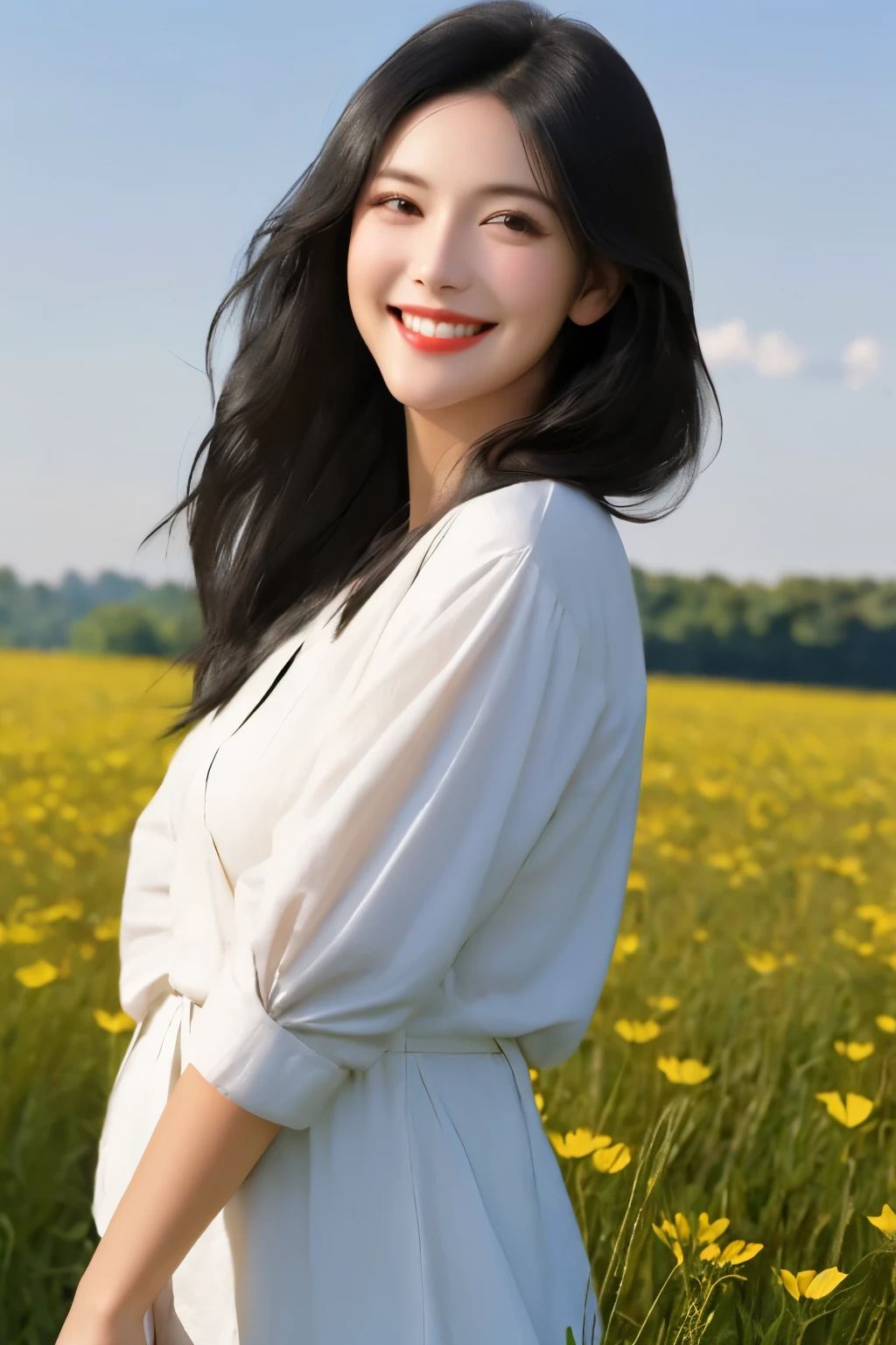 Lady smiling brightly in the field,Simple and neat clothes,Black hair and black eyes,Perfect face,