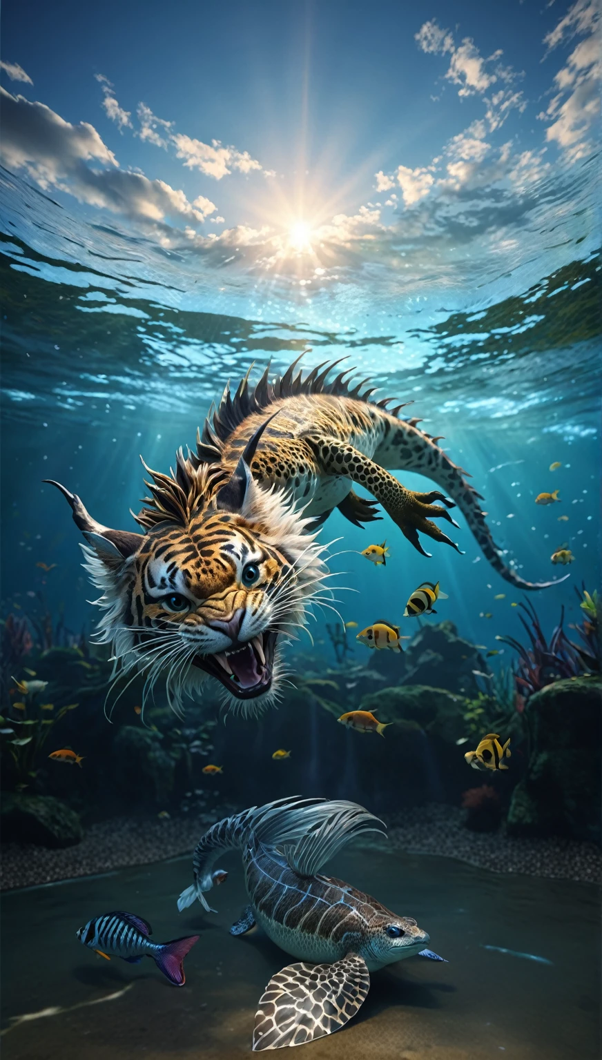 水中的一种Fantasy Creatures(best quality,4K,8k,High level,masterpiece:1.2),Ultra Detailed,(lifelike,Photo real,Photo real:1.37),Highly detailed animals,Complex patterns,Realistic lighting,Fantasy Creatures