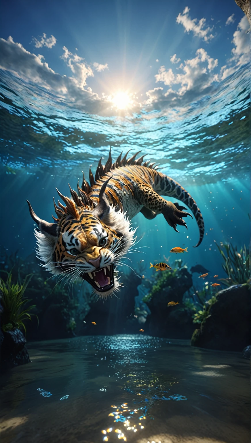 水中的一种Fantasy Creatures(best quality,4K,8k,High level,masterpiece:1.2),Ultra Detailed,(lifelike,Photo real,Photo real:1.37),Highly detailed animals,Complex patterns,Realistic lighting,Fantasy Creatures