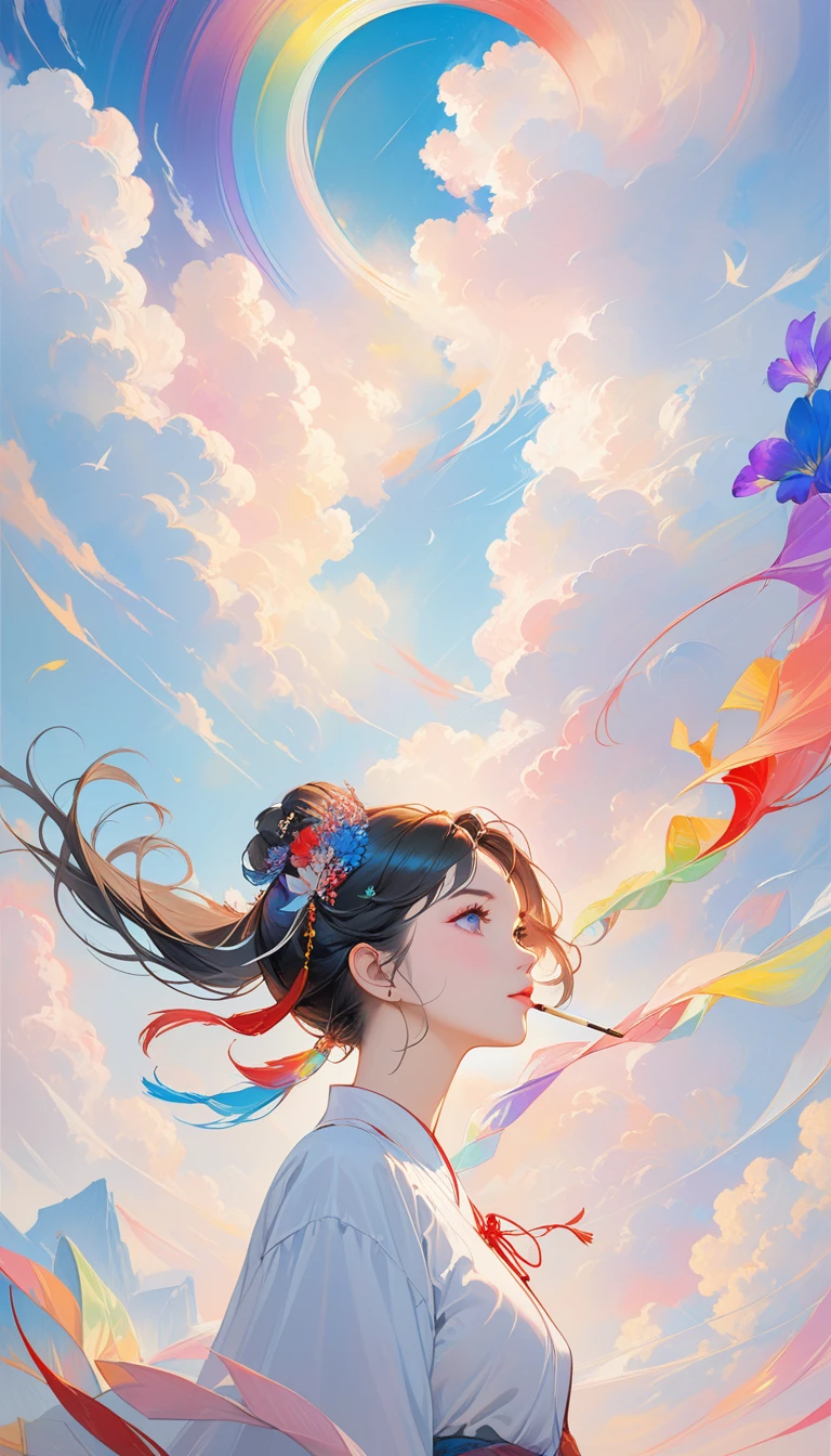 Chinese woman, Close-up of face, Soaring female figures **** Ribbon, smokes, in the sky, Vibrant colors, Mysterious colors, Modern Impressionism, portraiture Yanjun Cheng, Rainbow painting, 3/4 Perspective, Cute face, Low Angle, Wide Rotation Composition, Large target, Beautiful crystal eyes, Large target iris, Ultra HD, Human Development Report, 8,000, (masterpiece: 1.5), (The most beautiful portraits in the world: 1.5)