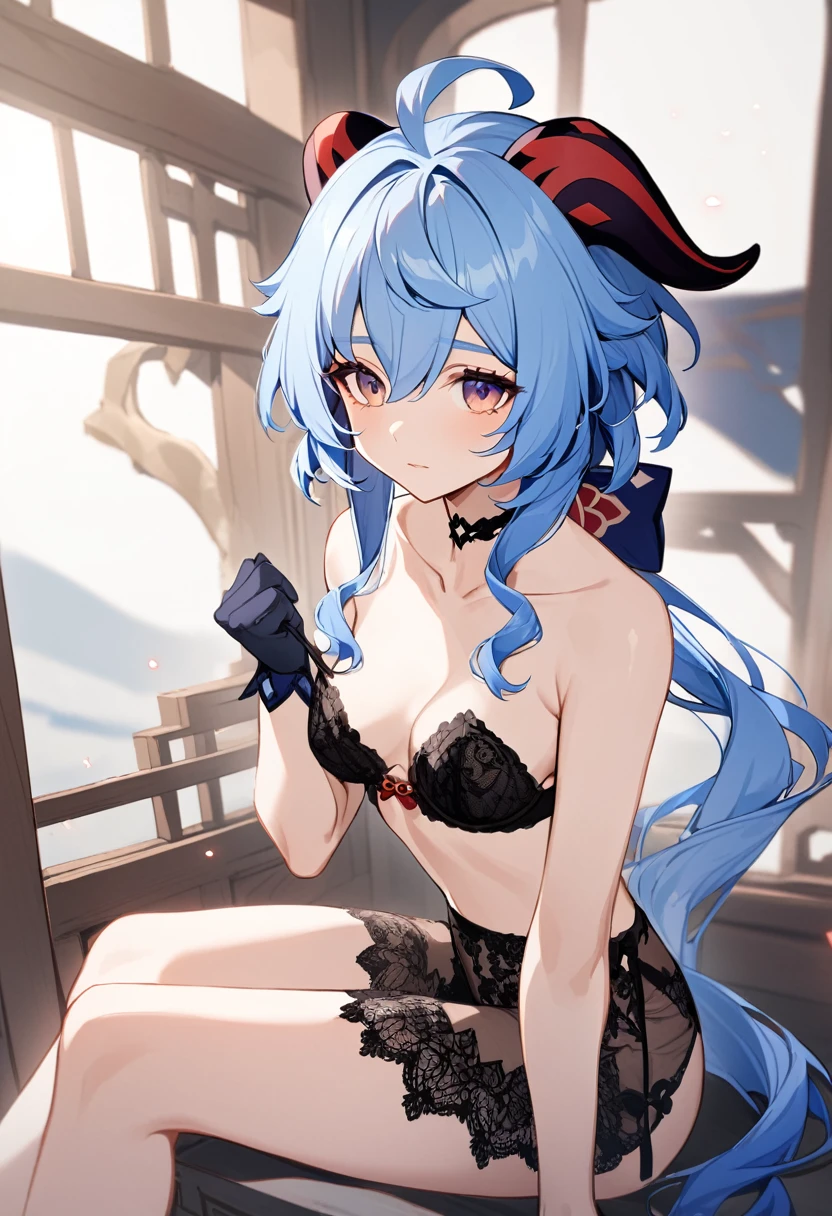Beautiful Ganyu from Genshin Impact in lingerie,strapless bra,bare belly,gloves extending to elbows,choker,collarbone