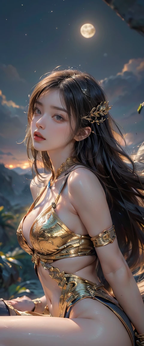 ((masterpiece, Highest quality, Best image quality, High resolution, Realistic, RAW Photos, 8k)), ((高精細CG合成8k壁紙)), floating, Profile of a woman sitting on a giant crescent moon in the night sky, Ancient Greek Clothing