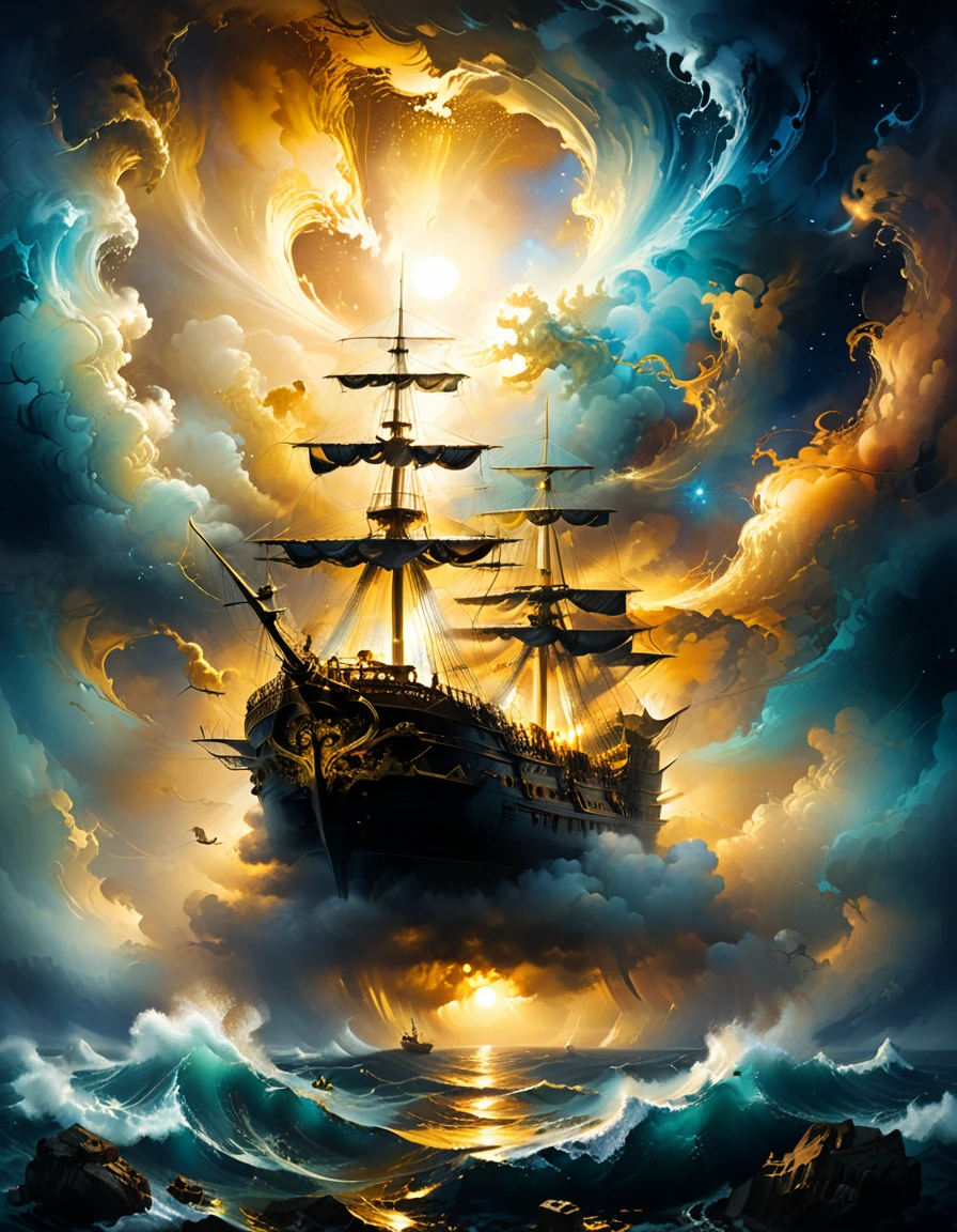by Ivan Aivazovsky and Josh Adamski, (golden , nebulous , masterful:1.4), poster art, bold lines, hyper detailed, expressive, award winning, (scenery:1.4), (intricate details, masterpiece, best quality:1.4), looking at viewer, dynamic pose, wide angle view, dark limited palette, dramatic lighting,