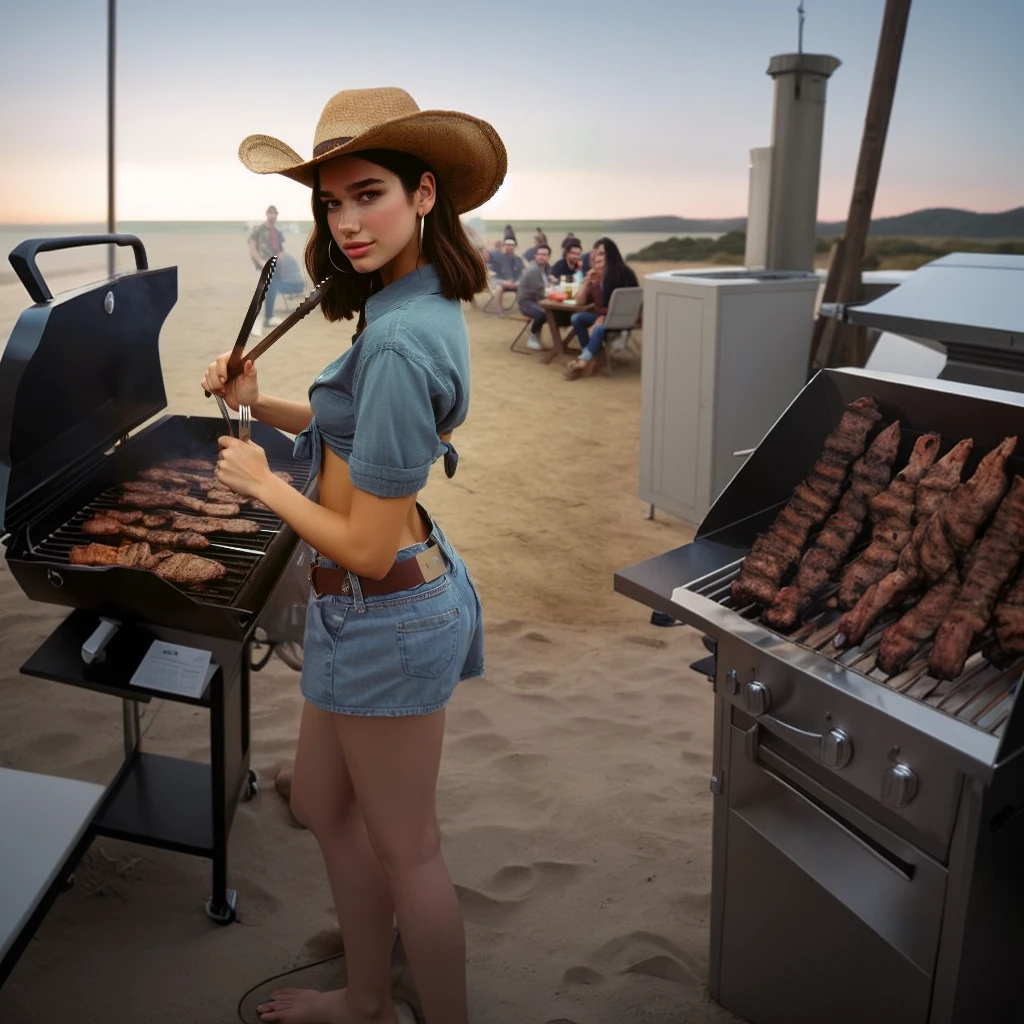 “A girl standing and cooking on a barbecue grill