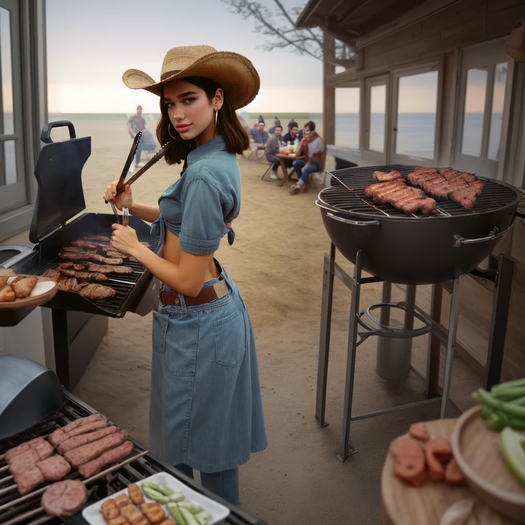 “A girl standing and cooking on a barbecue grill