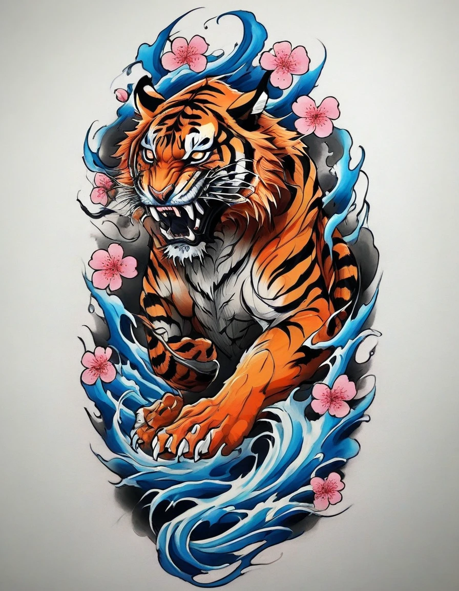 ((solo Tiger)), Traditional Japanese tattoo design, realistic tattoo art of Orange tiger with Blue eyes, he is with open mouth looking very fierce and angry, the background is Japanese wave tattoo with with pink sakura petal effect, (Unity 16K Wallpaper, masterpiece, Best Quality, high quality, Ultra-detailed, extremely details), ((solo Tiger)), Traditional Japanese tattoo design, realistic tattoo art of Orange tiger with Blue eyes, he is with open mouth looking very fierce and angry, the background is Japanese wave tattoo with with pink sakura petal effect, Scratching the viewer with fierce claw, Scratching the viewer with fierce claw, Scratching the viewer with fierce claw, Scratching the viewer with fierce claw, Scratching the viewer with fierce claw,
