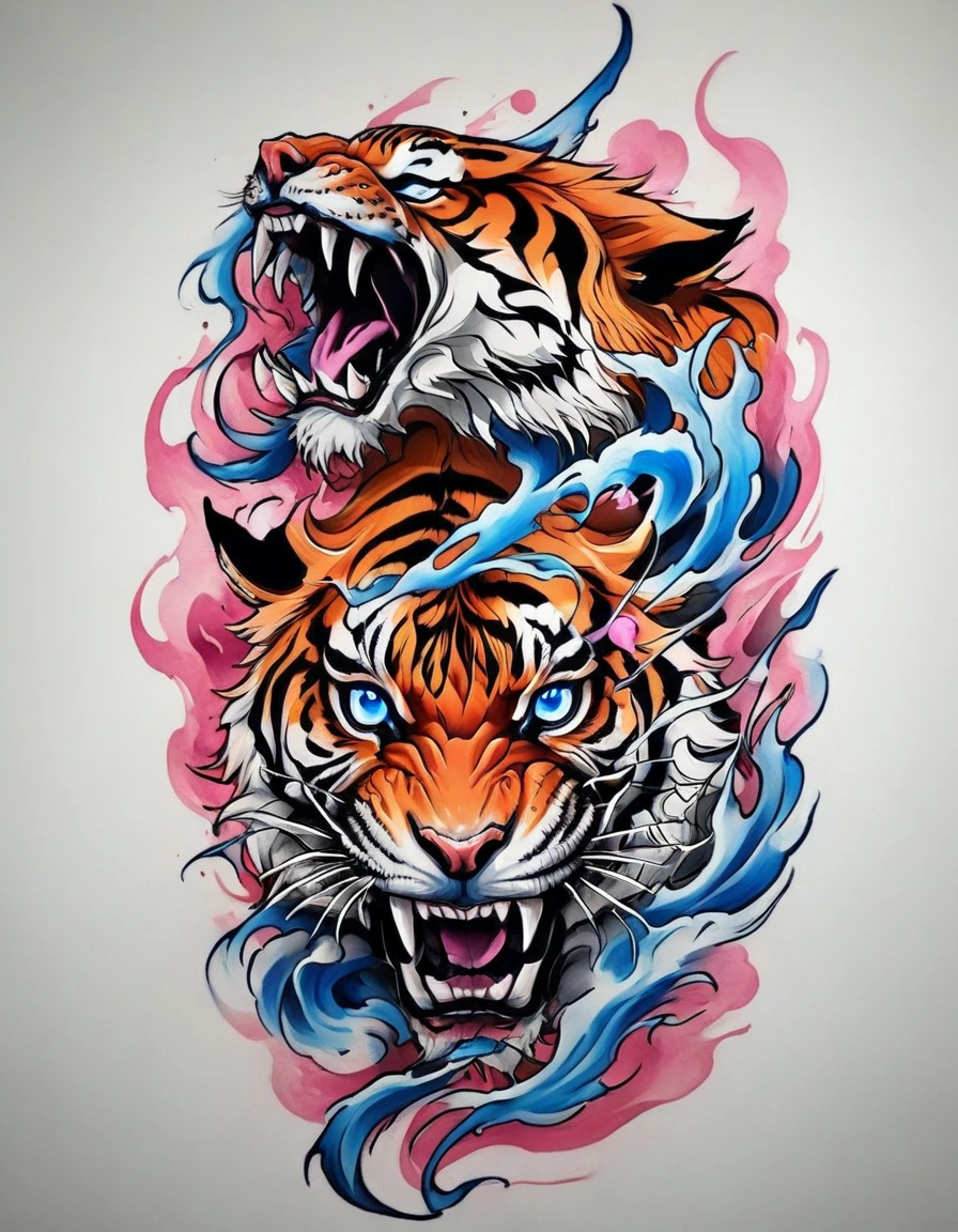 ((solo Tiger)), Traditional Japanese tattoo design, realistic tattoo art of Orange tiger with Blue eyes, he is with open mouth looking very fierce and angry, the background is Japanese wave tattoo with with pink sakura petal effect, (Unity 16K Wallpaper, masterpiece, Best Quality, high quality, Ultra-detailed, extremely details), ((solo Tiger)), Traditional Japanese tattoo design, realistic tattoo art of Orange tiger with Blue eyes, he is with open mouth looking very fierce and angry, the background is Japanese wave tattoo with with pink sakura petal effect, Scratching the viewer with fierce claw, Scratching the viewer with fierce claw, Scratching the viewer with fierce claw, Scratching the viewer with fierce claw, Scratching the viewer with fierce claw,
