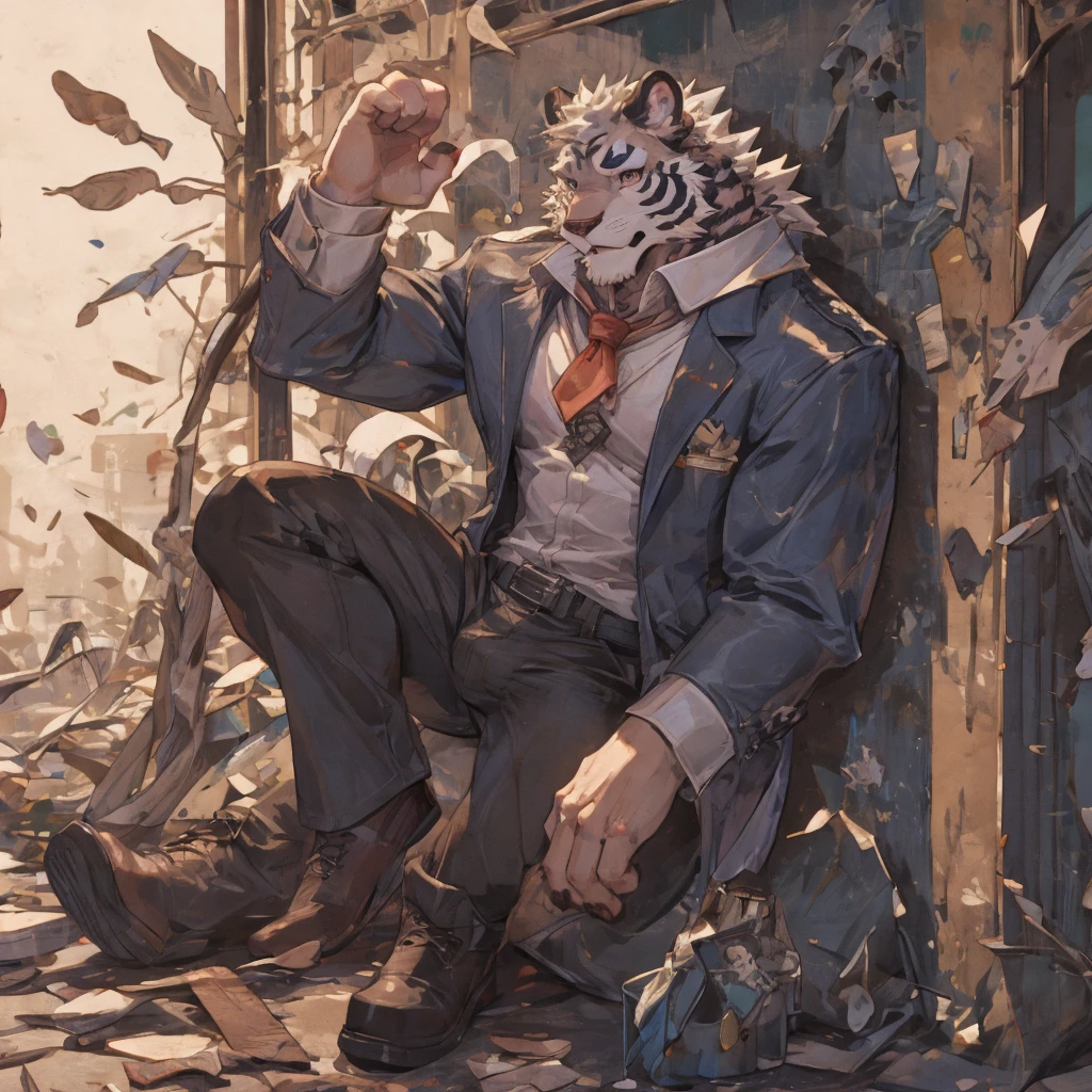 {{bara extremely handsome white tiger student,}} {{white fur,}} white, wearing uniform blazer, trousers, white dress shirt and necktie, white fluffy furry body and limbs, loafers, very tall, very broad shoulders, narrow waist, muscular arms, massive pecs, purple eyes, very long legs, massive bulge, sophisticated hot look, 3/4 view, best quality, leaning on wall, high detail, CG image, character splash art, silver earring on left ear, sultry smirk