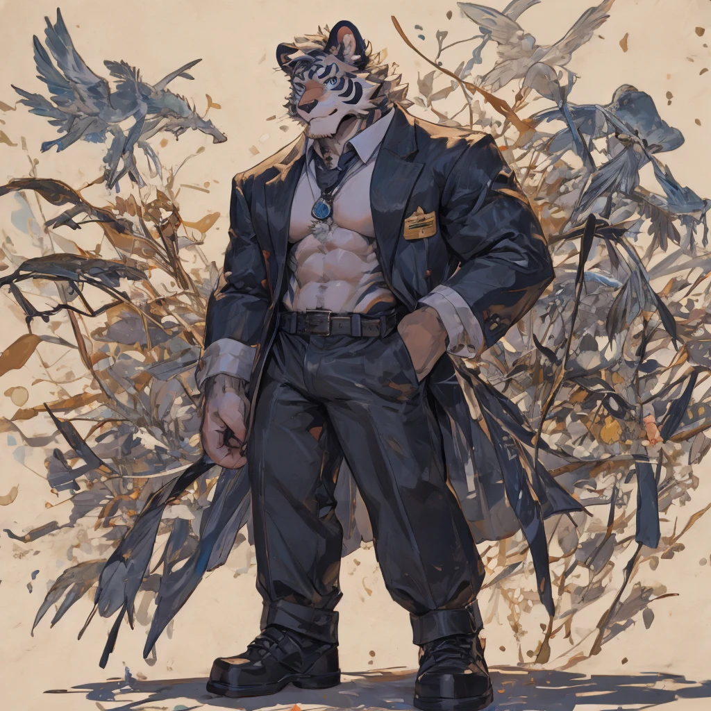{{bara extremely handsome white tiger student,}} {{white fur,}} white, wearing uniform blazer, trousers, white dress shirt and necktie, white fluffy furry body and limbs, loafers, very tall, very broad shoulders, narrow waist, muscular arms, massive pecs, purple eyes, very long legs, massive bulge, sophisticated hot look, 3/4 view, best quality, leaning on wall, high detail, CG image, character splash art, silver earring on left ear, sultry smirk