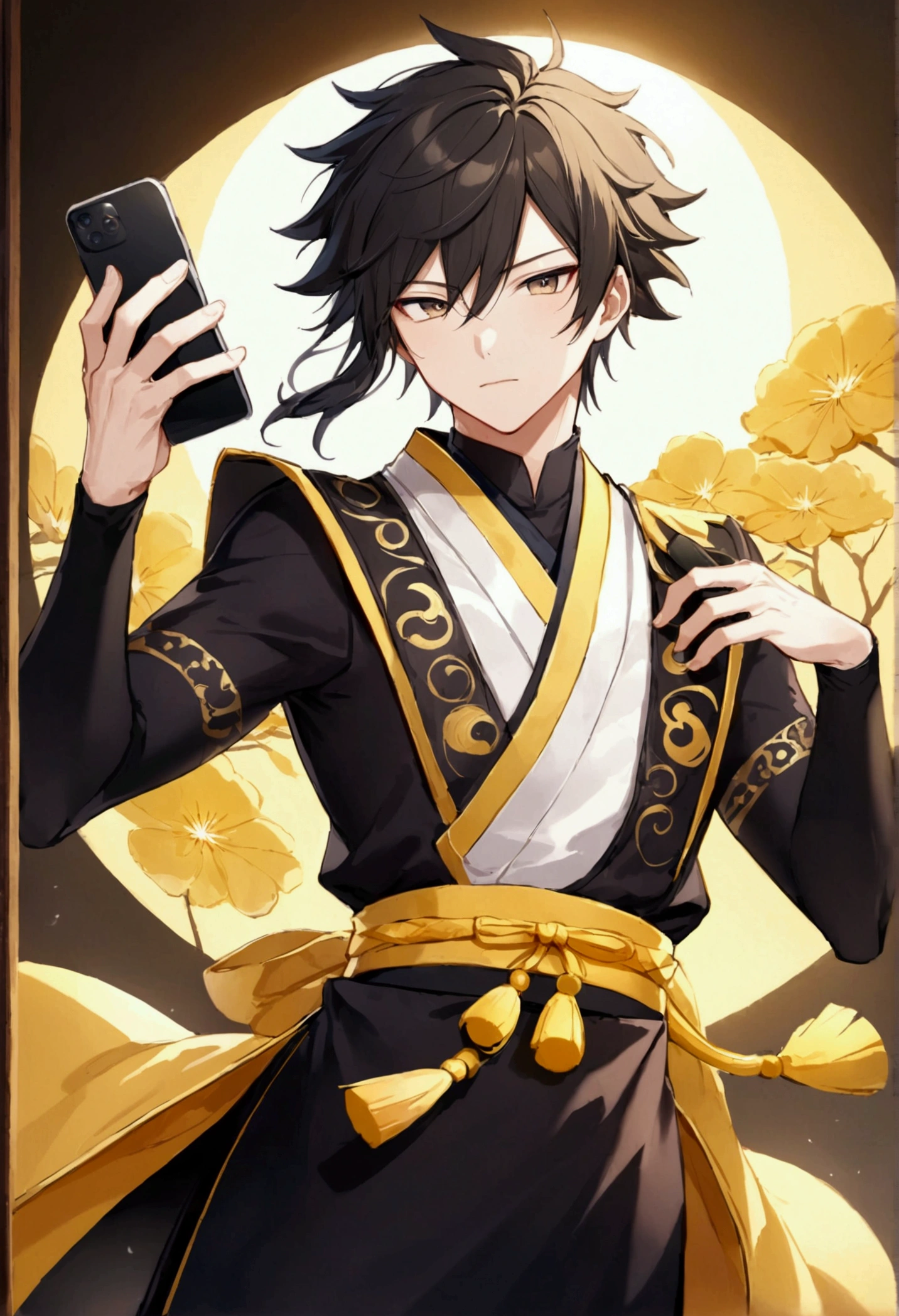 male,Auspicious days,Background yellow,sun,Black Hair,Ninja,have a cell phone