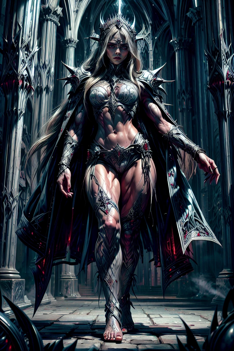 (1 girl), (cara delevingne:1.25), (Sheer white skin:1.25), Beautiful female vampire dressed in ornate medieval vampiric full-body armor, (perfect toes:1.24), (Extreme muscle definition:1.5), (vampiric armor:1.25), (huge muscular arms:1.5,) (10-Pack Abs:1.4), (many veins:1.25), ultra realistic, face and eyes very detailed, a true masterpiece, with an atmosphere of terror, gothic, bloodstains, haunted cathedrals