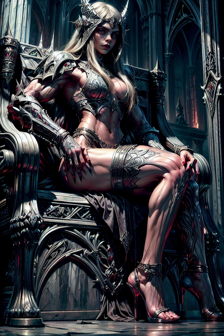 (1 girl), (cara delevingne:1.25), (Sheer white skin:1.25), Beautiful female vampire dressed in ornate medieval vampiric full-body armor, (perfect toes:1.24), (Extreme muscle definition:1.5), (vampiric armor:1.25), (huge muscular arms:1.5,) (10-Pack Abs:1.4), (many veins:1.25), ultra realistic, face and eyes very detailed, a true masterpiece, with an atmosphere of terror, gothic, bloodstains, haunted cathedrals