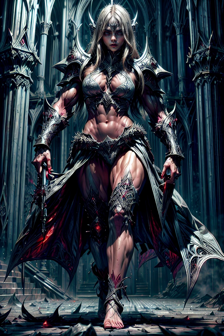 (1 girl), (cara delevingne:1.25), (Sheer white skin:1.25), Beautiful female vampire dressed in ornate medieval vampiric full-body armor, (perfect toes:1.24), (Extreme muscle definition:1.5), (vampiric armor:1.25), (huge muscular arms:1.5,) (10-Pack Abs:1.4), (many veins:1.25), ultra realistic, face and eyes very detailed, a true masterpiece, with an atmosphere of terror, gothic, bloodstains, haunted cathedrals