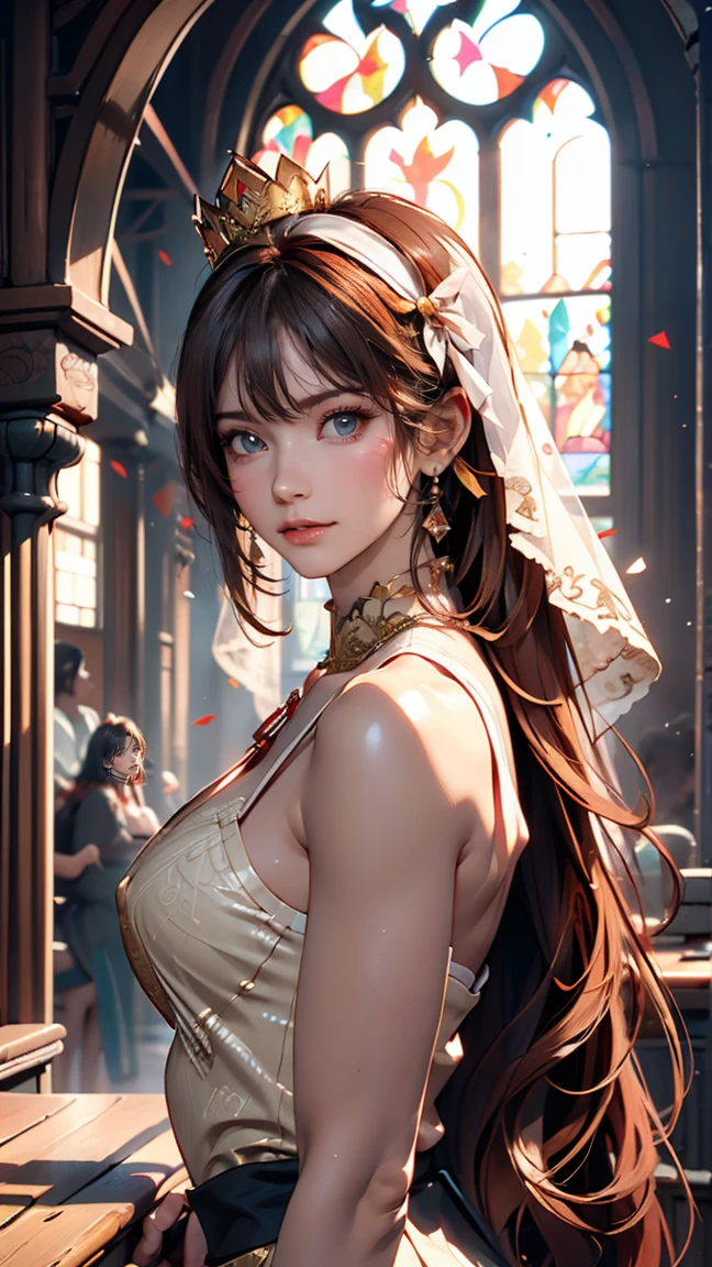 Model shooting style, (Highly detailed CG Unity 8k wallpaper), Full body photos of the most beautiful works of art in the world, Medieval Queen, Green Veil, Dark Skin, Black women, Gold crown, diamond, Medieval architecture, Professional, majestic oil painting by Ed Blinky, Atey Gailan, Studio Ghibli, Jeremy Mann, Greg Manchess, Antonio Moro, Trending on Art Station, Trending on CGSociety, Complex, Attention to detail, Sharp focus, dramatic, Photorealistic paintings by Midjourney and Greg Rutkowski、24-year-old female、Sexy proportions、Sexy breasts、Narrow waist、Long eyelashes、Side Ponytail((side ponytail))、hair band((hair ribbon))、Red hair、Textured skin((textured skin))、smile