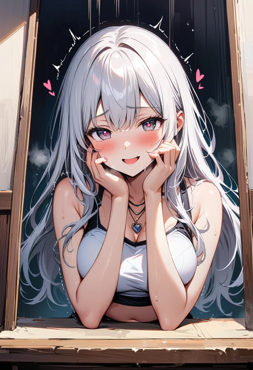 8k HD,Highest image quality,Masterpiece quality,best quality,4k mobile wallpaper vertical screen,1 girl,Heart-shaped pupils,nail,Put your hands on your face,White hair,Gray eyes,Big watery eyes,(blush:1.1),necklace,Upper Body,trembling,Sweat,滴Sweat水,Heart,(Speed Lines:1.1),Medium breasts, ((Difficulty breathing:1.3)), like, Heart, Crop Top, hapiness, Smile,The picture is transparent and bright,
