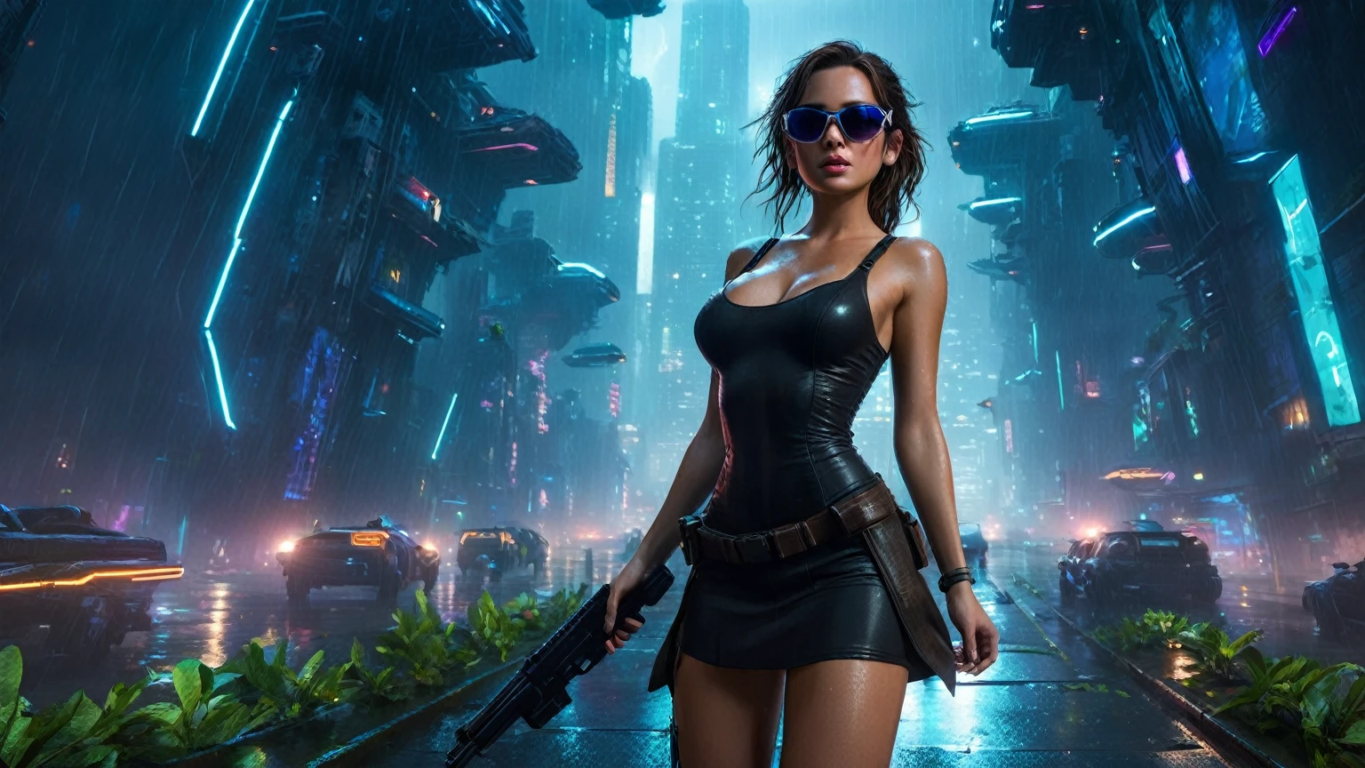 (aerial view, a flying cars docking platform, a very dark abandoned futuristic city, neon lights), rainy night. A girl as Lara Croft, solo, alone, large-breast:1.2 slim body, cleavage:1.1, sexy wind blowing wet dress:1.4, (headphone, black sunglasses), (((((she raised:1.8 a pistol:1.8 and took aim at viewer))))), dynamic pose, (((half-body thigh level medium shot))), cinematic lighting, lens flare, ray tracing.