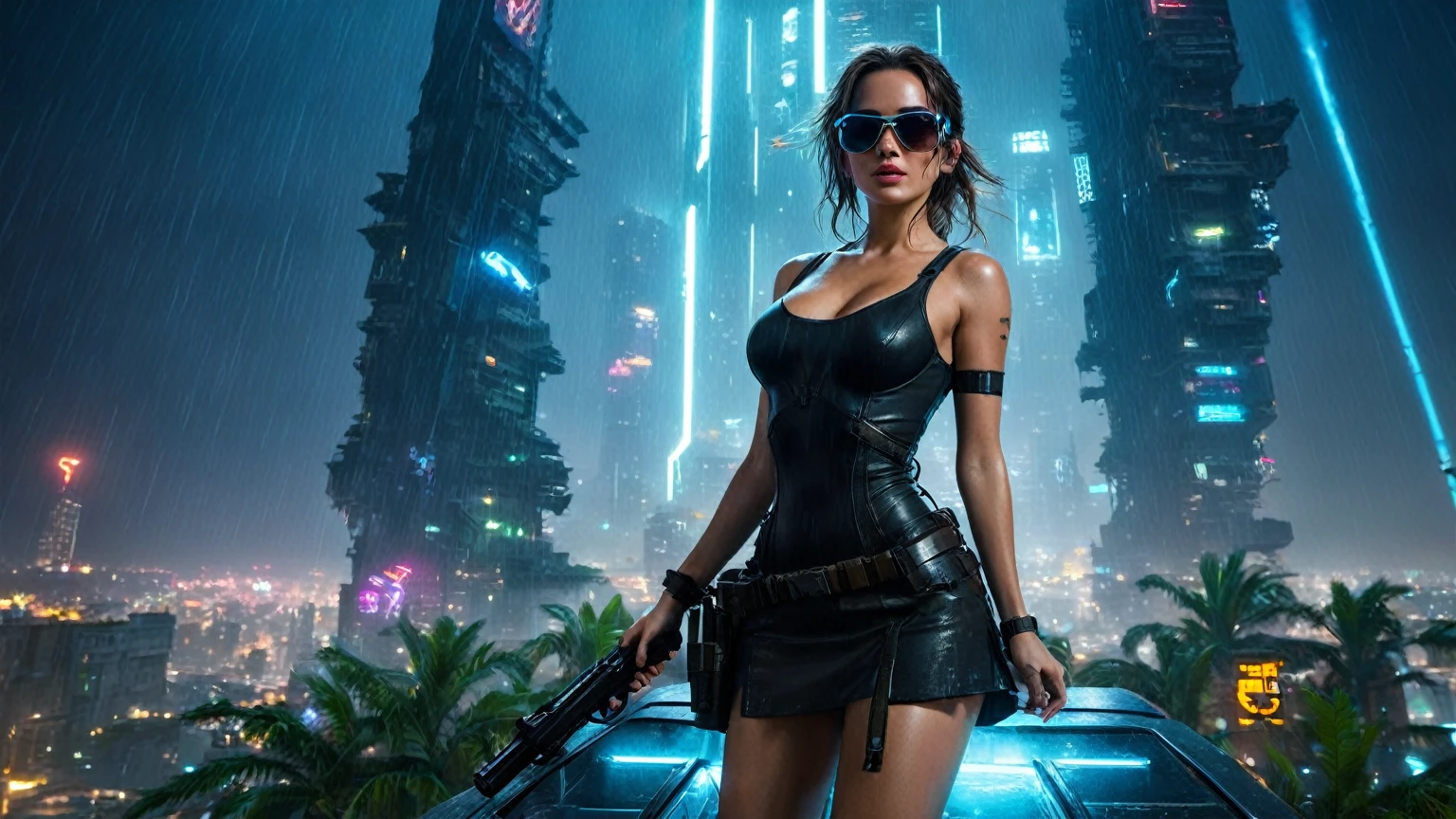 (aerial view, a flying cars docking platform, a very dark abandoned futuristic city, neon lights), rainy night. A girl as Lara Croft, solo, alone, large-breast:1.2 slim body, cleavage:1.1, sexy wind blowing wet dress:1.4, (headphone, black sunglasses), (((((she raised:1.8 a pistol:1.8 and took aim at viewer))))), dynamic pose, (((half-body thigh level medium shot))), cinematic lighting, lens flare, ray tracing.