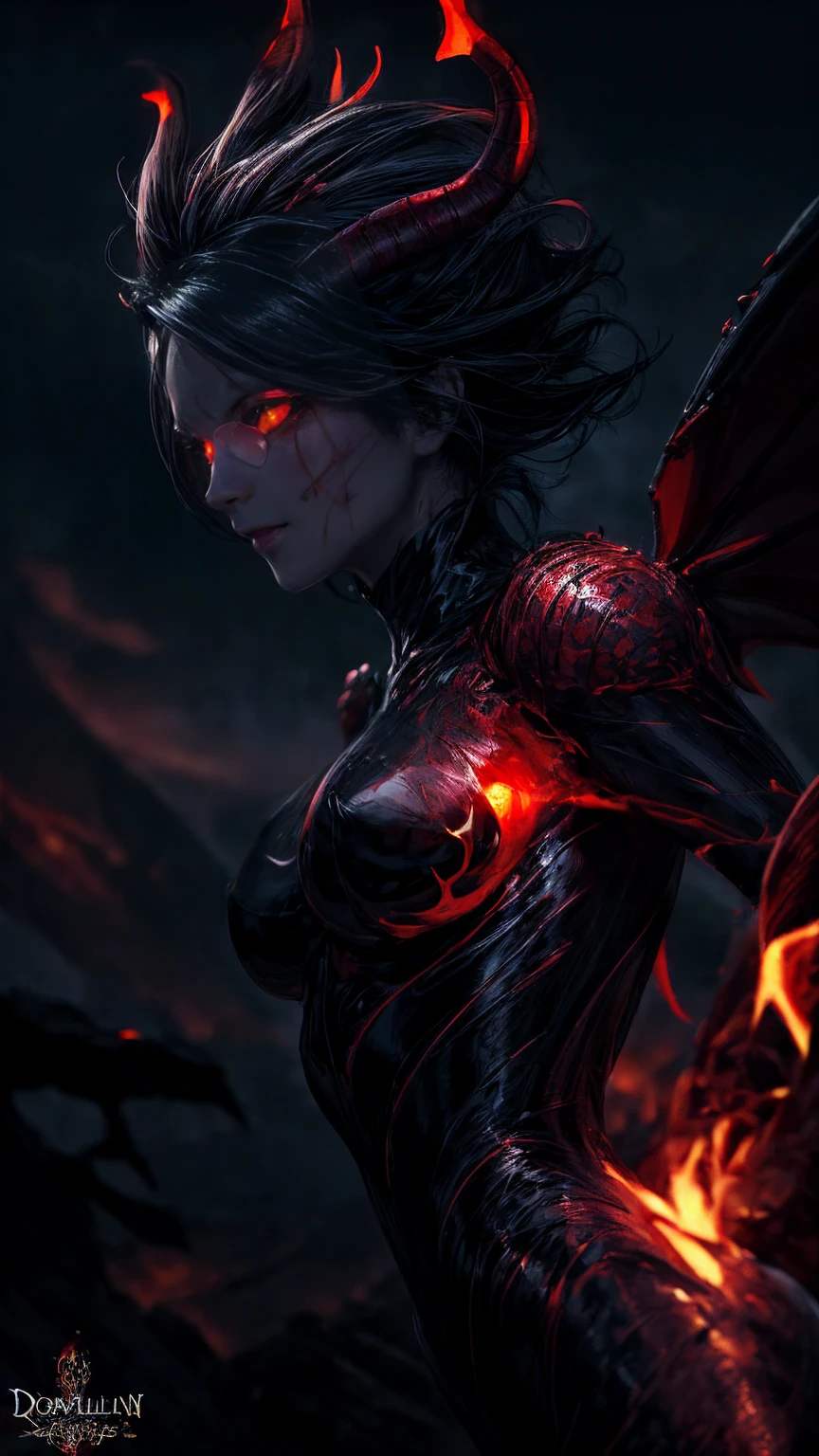 Storyboard, masterpiece, highest quality, dragonlady queen, perfect demoness, bright red glowing eyes, detailed eyes (1.4), scars on face, villainous expression, flaming skin body with bioluminescent glowing pattern, ready for battle, blurred stormy background, dark atmosphere, lighting in background,full body,