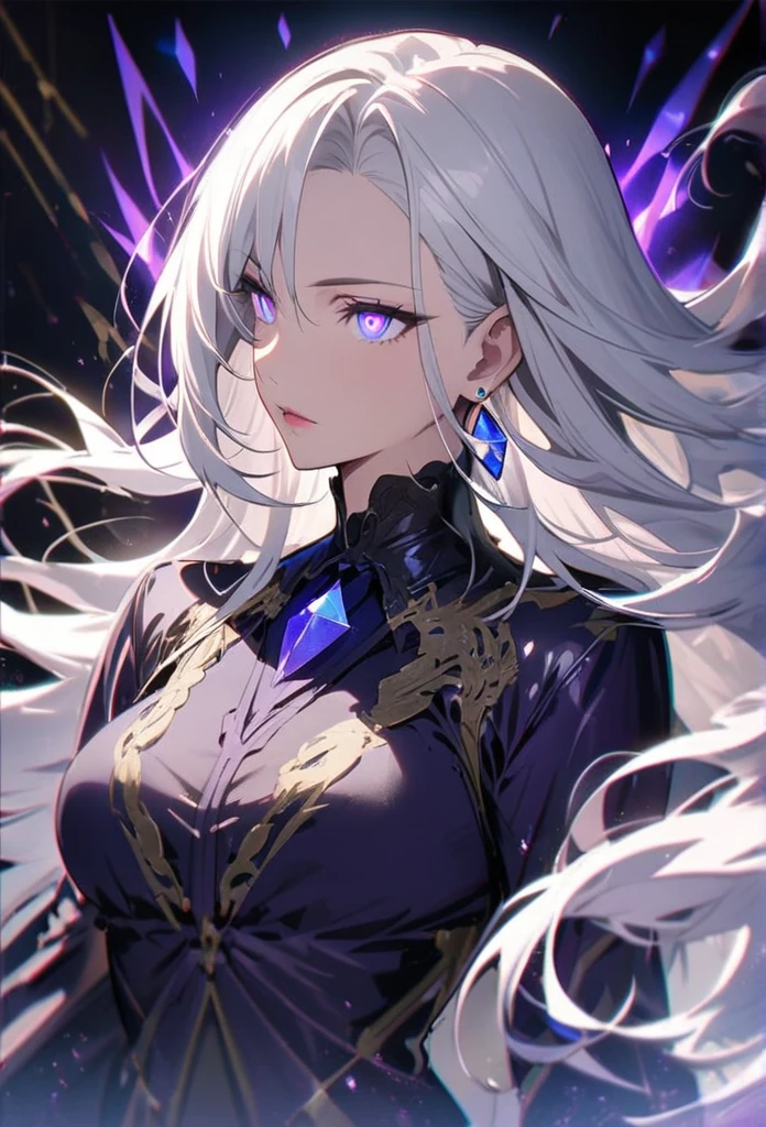 woman, blue eyes, long hair, white hair, mature, god eyes, diamond earings, glowing right eyes, purple eyes