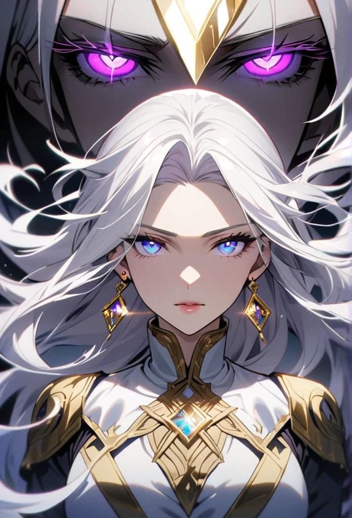 woman, blue eyes, long hair, white hair, mature, god eyes, diamond earings, glowing right eyes, purple eyes
