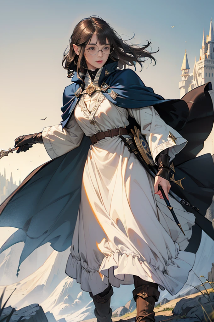 (((((girl))))), masterpiece, ultra detailed, 8K Portrait, Raw photo, woman's portrait photography, full body, Highly detailed smile face, ((Fantasy)), (((hobbit))), ((Adult)), 45 years old, 110cm, (((ALCHEMIST))), ((white skin)), (((greenish dark brown long straight hair))), blunt bangs, (((dark blue silk long cloak))) Fluttering in the wind, (((white inner coat))), leather glove, (((glasses))), (((equip a wand))), Midday sun, Hyper realistic, Slender body, by the foggy castle, Ambient lighting, Shadow details, Camera focus on face, strong breeze, Light fog