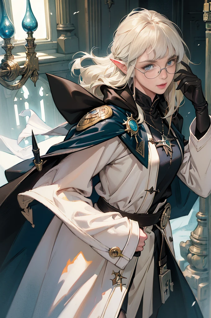 (((((girl))))), masterpiece, ultra detailed, 8K Portrait, Raw photo, woman's portrait photography, full body, Highly detailed smile face, ((Fantasy)), (((hobbit))), ((Adult)), 45 years old, 110cm, (((ALCHEMIST))), ((white skin)), (((greenish dark brown long straight hair))), blunt bangs, (((dark blue silk long cloak))) Fluttering in the wind, (((white inner coat))), leather glove, (((glasses))), (((equip a wand))), Midday sun, Hyper realistic, Slender body, by the foggy castle, Ambient lighting, Shadow details, Camera focus on face, strong breeze, Light fog