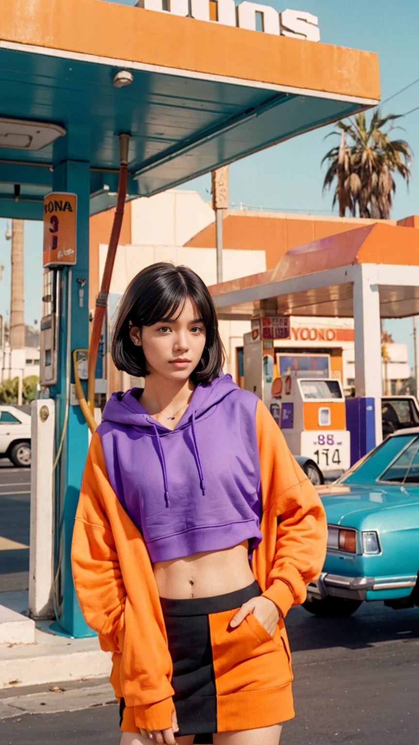 photo cinematic, photograph long shot portraits by Wes Anderson, cute 23 yo girl ,fokus, bokeh ,wear ((orange color oversized_hoodie)), wear ((purple tennis skirt)),looking front,Best Quality,Masterpiece,Ultra High Resolution,(Realisticity:1.4),Original Photo, 1Girl, light leak,ultra high resolution,UHD,beautiful, ((black bob straight hairstyle)), almond eye, no makeup, in front of ((80's colorful los angles gas station)), (realistic:1.2), (surreal:1.3), (very detailed:1.1), ((masterpiece)),summer, blue sky, palm trees,sunny, los angles vibes,film camera, 800mm lens,style of Philip Lorca diCorcia
