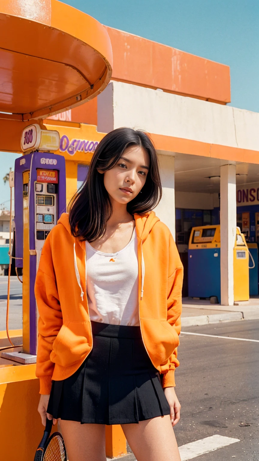 photo cinematic, photograph long shot portraits by Wes Anderson, cute 23 yo girl ,fokus, bokeh ,wear ((orange color oversized_hoodie)), wear ((purple tennis skirt)),looking front,Best Quality,Masterpiece,Ultra High Resolution,(Realisticity:1.4),Original Photo, 1Girl, light leak,ultra high resolution,UHD,beautiful, ((black bob straight hairstyle)), almond eye, no makeup, in front of ((80's colorful los angles gas station)), (realistic:1.2), (surreal:1.3), (very detailed:1.1), ((masterpiece)),summer, blue sky, palm trees,sunny, los angles vibes,film camera, 800mm lens,style of Philip Lorca diCorcia