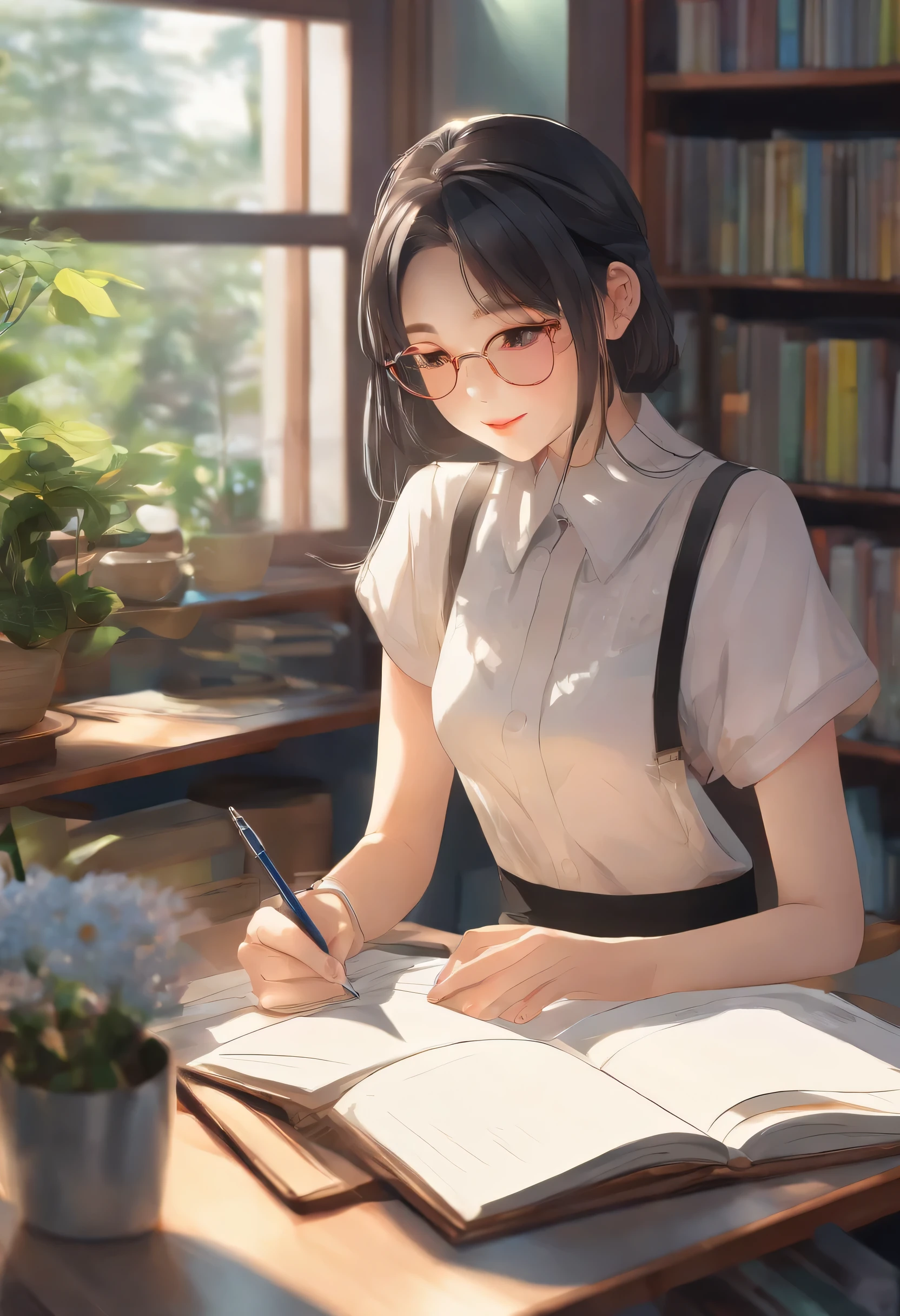 (best quality,4k,8k,highres,masterpiece:1.2),ultra-detailed,(realistic,photorealistic,photo-realistic:1.37),A girl studying on her study table,beautiful detailed eyes,beautiful detailed lips,extremely detailed eyes and face,long eyelashes,stunning long hair,serious look,intelligent expression,focused eyes,meticulously crafted study table,well-organized books and stationery,colorful pens and pencils,neatly arranged notebooks and textbooks,comfortable chair,soft cushion,cozy atmosphere,bright sunlight streaming through the window,soft golden lighting,peaceful ambiance,modern and stylish room decor,thoughtful posture,holding a pen,deeply immersed in her studies,vivid colors,crisp and clear details,artful composition,well-defined contours,subtle shadows,textured background,dreamy color palette,rich color saturation.