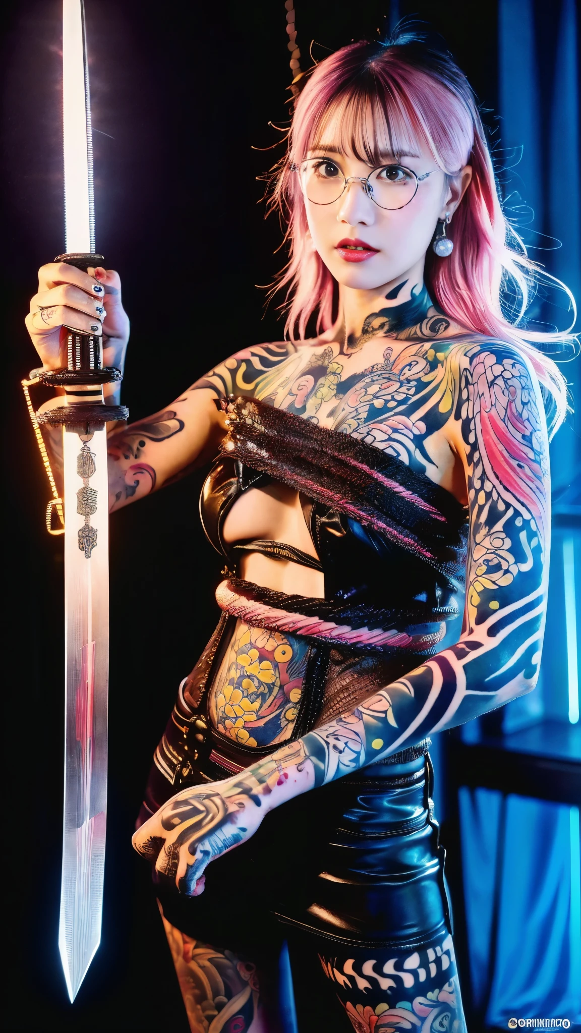 Perfect beauty full body photo, (Demon Succubus), Perfect appearance, slim body, (Heavy chest), Shapeless short hair, Pink hair color, Rainbow hair, Small horns, (Wearing casual and rough.), Fully functional, Abstract beauty, Almost perfect, Pure form, (Dynamic pose), Subtle demonic background, (Dark shadows), (Edge lighting), Greg Rutkowski, John William Waterhouse, (John William Waterhouse), Alphonse Mucha, (Alphonse Mucha), Conceptual art, Highly detailed, Intricate details, 8K post production, High resolution, Super details, Popular topics on ArtStation, Sharp focus, Depth of field f/1.8, (Girl holding a large odachi sword in her hands, holding the hilt of the odachi sword in her hands, swinging it above her head:1.3), (Tattoo, Japanese tattoos all over her body:1.5), (Very detailed:1.4), From the front, looking at the camera, great view, double teeth, fangs, necklace, earrings, famous Tokyo landmarks, (wearing glasses),