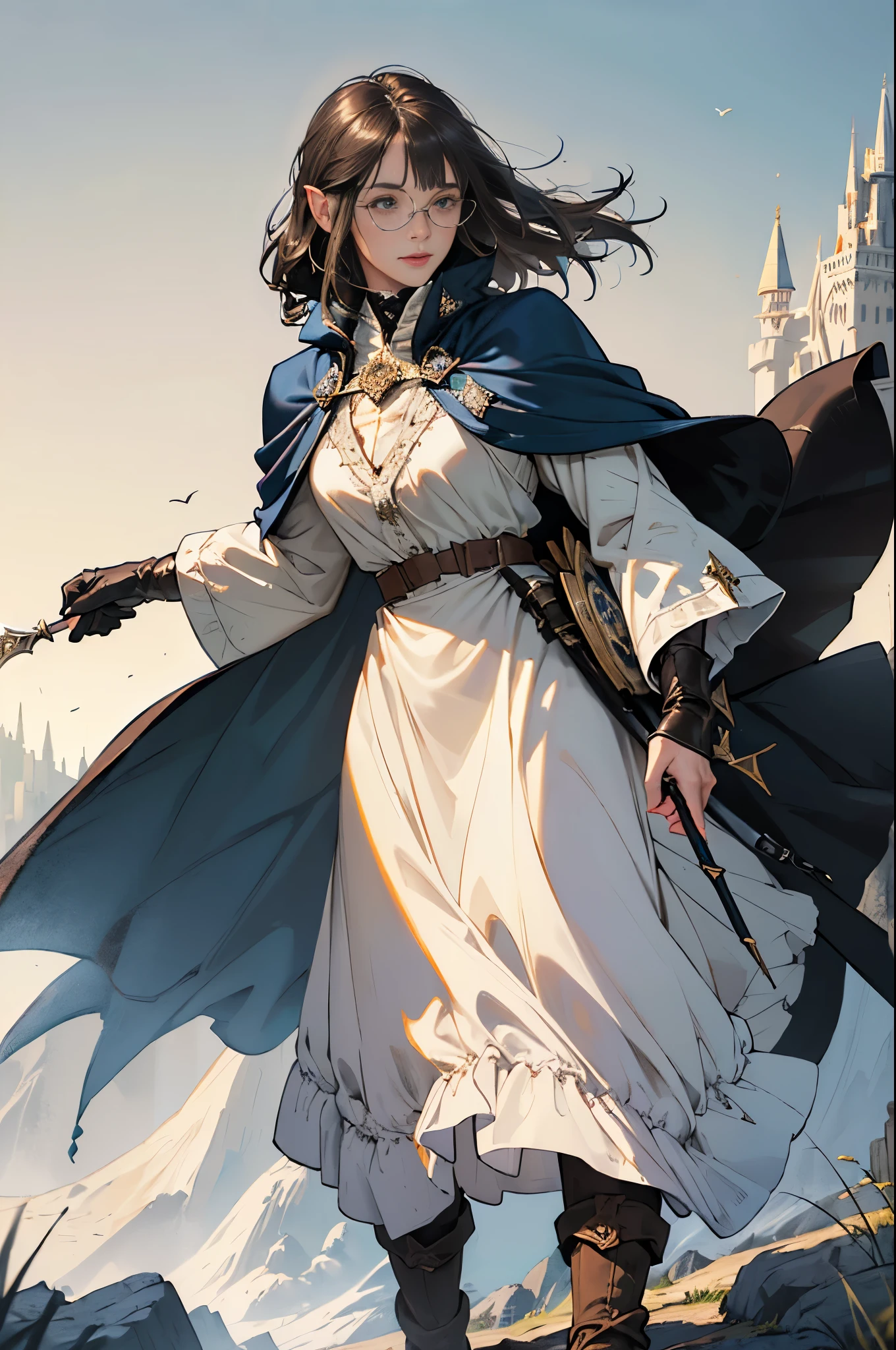 (((((girl))))), masterpiece, ultra detailed, 8K Portrait, Raw photo, woman's portrait photography, full body, Highly detailed smile face, ((Fantasy)), (((hobbit))), ((Adult)), 45 years old, 110cm, (((ALCHEMIST))), ((white skin)), (((greenish dark brown long straight hair))), blunt bangs, (((dark blue silk long cloak))) Fluttering in the wind, (((white inner coat))), leather glove, (((glasses))), (((equip a wand))), Midday sun, Hyper realistic, Slender body, by the foggy castle, Ambient lighting, Shadow details, Camera focus on face, strong breeze, Light fog