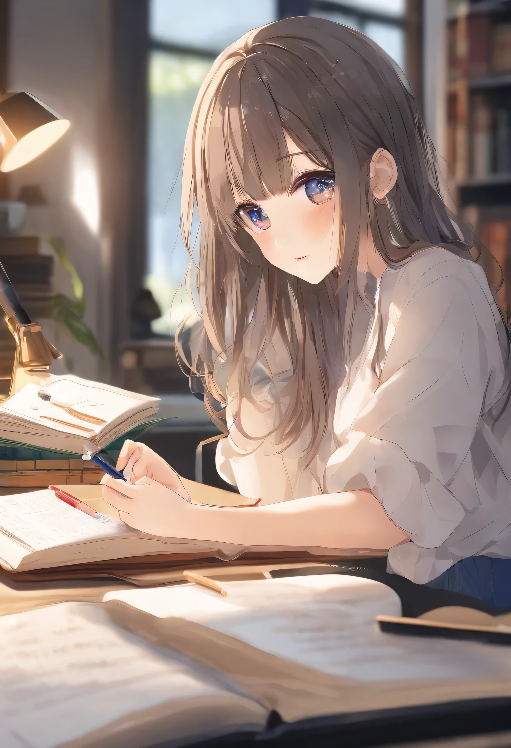 (best quality,4k,8k,highres,masterpiece:1.2),ultra-detailed,(realistic,photorealistic,photo-realistic:1.37),A girl studying on her study table,beautiful detailed eyes,beautiful detailed lips,extremely detailed eyes and face,long eyelashes,stunning long hair,serious look,intelligent expression,focused eyes,meticulously crafted study table,well-organized books and stationery,colorful pens and pencils,neatly arranged notebooks and textbooks,comfortable chair,soft cushion,cozy atmosphere,bright sunlight streaming through the window,soft golden lighting,peaceful ambiance,modern and stylish room decor,thoughtful posture,holding a pen,deeply immersed in her studies,vivid colors,crisp and clear details,artful composition,well-defined contours,subtle shadows,textured background,dreamy color palette,rich color saturation.