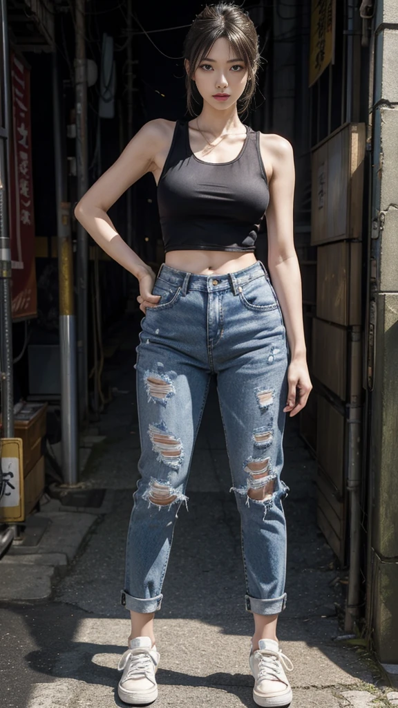 8k,Realistic skin texture、Superrealism、Realistic photos、Japanese women、、Stand with a Japan sword、Stand up to your full height.、The tip of the sword is pointed at me、Tank top,Oversized jeans、sneakers、Shinjuku back alley、Innovative Configuration、Full body photo、、A melancholic look、tattoo
