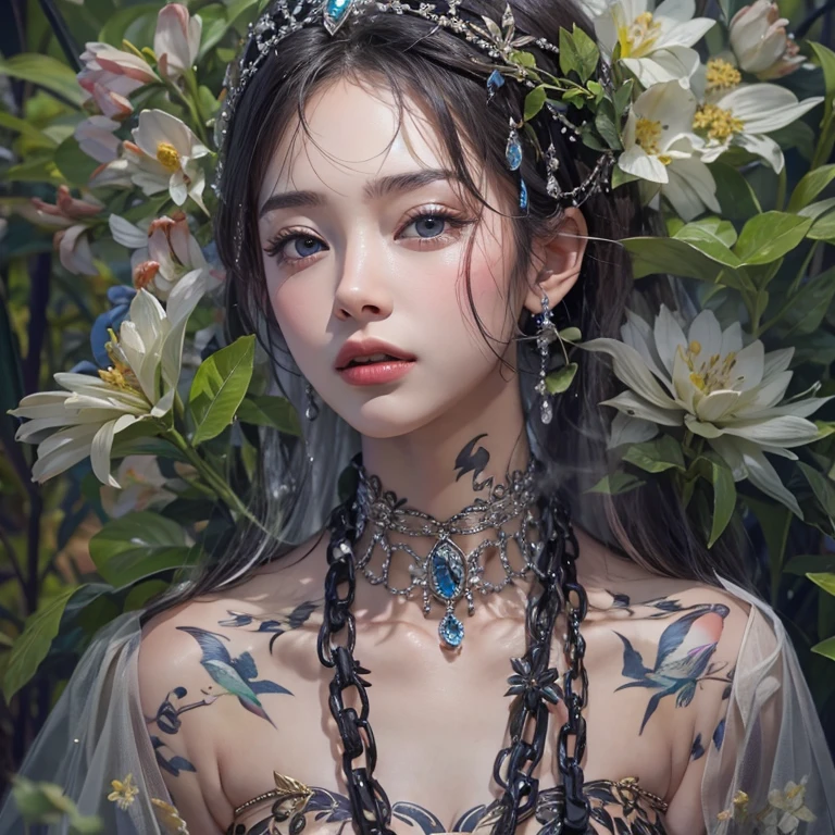 that'that'that'that'that'that'that'it's raining, c that、Hair Flow、 ((highest qualthaty、masterpiece、8k、Best image qualthaty、Ultra-high resolution、Award-winning works)、(Accurate anatomy:1.1)、(Look at me and smile:1.1)、Shining fair skin wthath Ultra-high resolution、The most detailed face、Ultra-high resolution detailed face、Ultra-high resolutionの髪の毛、(Ultra-high resolutionの煌めく瞳:1.1)、Beautiful face drawn in every detail、ancient gothic costume , Chest to chest, tattoo, Surrounded by lilies