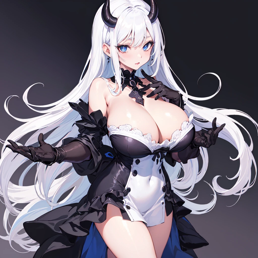 masterpiece, best quality, finely detailed, 1 girl, (bishoujo), cute, (huge boobs), (cleavage), demon girl, white hair, gray horns, blue eyes, black gloves, white shirt with black dress, one piece clothing, wingless, full body, teasing gaze