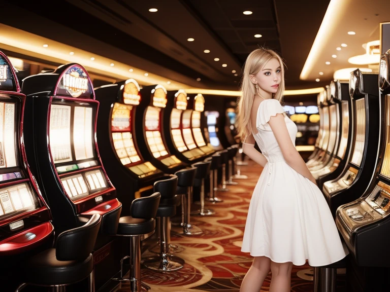 Beautiful woman in a magical space, White and gold tight microdress, 98k, {{Masterpiece}}, best quality, คุณภาพhigh:1.4), {{[[front view}}, eyes_contact, Various positions)]], ใบหน้าดูbeautifulมาก, and very pretty eyess, ภาพcute, cute images, {{whole full body}}, {{{{{{{{Long legs}}}}}}}}, {{{{slim sexy body}}}}, {{{{{{ผู้หญิงhigh}}}}}}, {{ส่วนhigh 177 ซม}}, alone, beautiful, cute, cute, Pale skin, {{German girls from 18 to 22 years old}}, look beautiful German girl and blue eyess or green eyess with platinum blonde hair color), nordic german girl, {{{{{{{{{{full body}}}}}}}}}}, {{{{{{{{{{high_Heel}}}}}}}}}},(random background,In casinos,VIP casino room, Modern Casino Console, Modern Slot Machines )