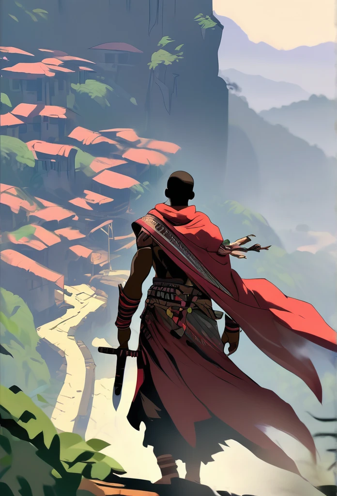 Ultra Realistic, Highly Defined Details, Jungle Tribal Village In The Foreground, Shadowy Distant Back Drop, Jungle Foggy Misty Rainforest Sensory, Mellow Color Shading Capturing the Mode, Young Adult African Male Villager, Standing Cliff Side View Of the Valley Below, Piercing Gaze, Serious Sharp Facial Features, Fit Athletic Muscular Physique, Bone Mail Armor, Peaces of tribal decorations tied to armbands, Bone chest plate armor, Lightly armored belt buckle dagger in a sheath, Bone carved Hilt, Long Curved Sword, wrapped in crimson decorated cloth Worn On the Back, Dark Torn Crimson Cloak, Distant Shot Full Body View from the Back, Walking, Windy Sean Leaves Blowing, Mountain Climbing, Scaling a Clif, Climbing With Hands