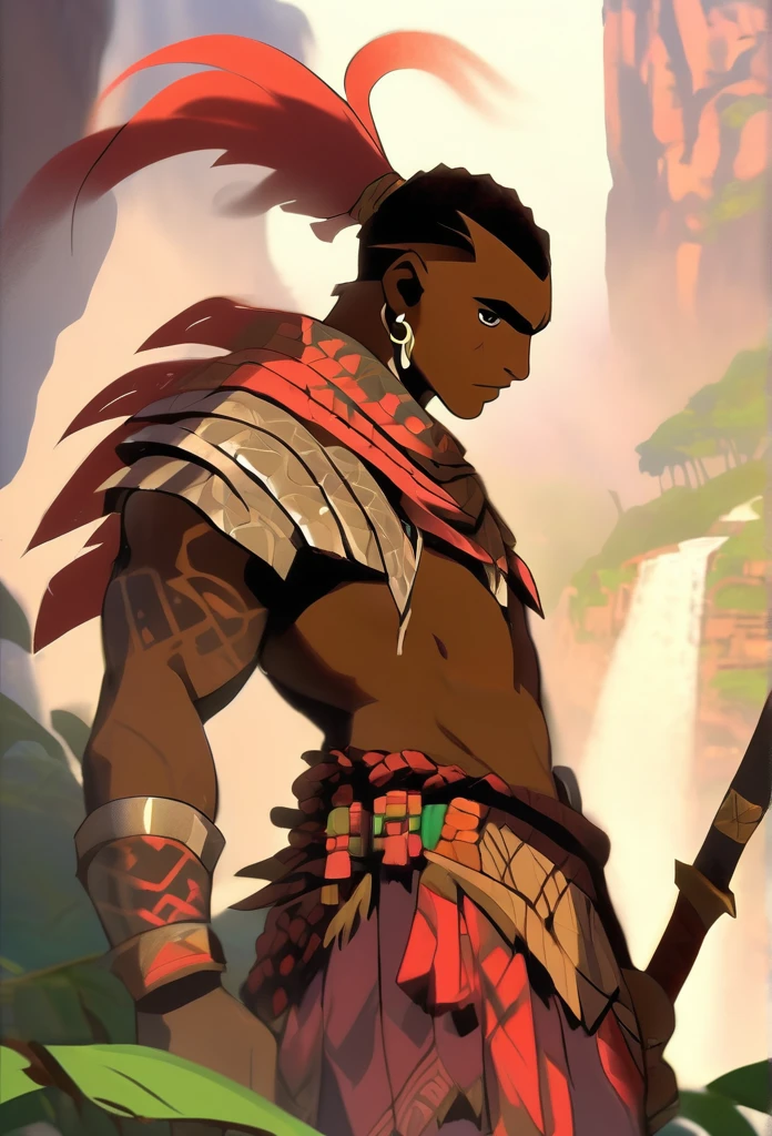 Ultra Realistic, Highly Defined Details, Jungle Tribal Village In The Foreground, Shadowy Distant Back Drop, Jungle Foggy Misty Rainforest Sensory, Mellow Color Shading Capturing the Mode, Young Adult African Male Villager, Standing Cliff Side View Of the Valley Below, Piercing Gaze, Serious Sharp Facial Features, Fit Athletic Muscular Physique, Bone Mail Armor, Peaces of tribal decorations tied to armbands, Bone chest plate armor, Lightly armored belt buckle dagger in a sheath, Bone carved Hilt, Long Curved Sword, wrapped in crimson decorated cloth Worn On the Back, Dark Torn Crimson Cloak, Distant Shot Full Body View from the Back, Walking, Windy Sean Leaves Blowing, Mountain Climbing, Scaling a Clif, Climbing With Hands 