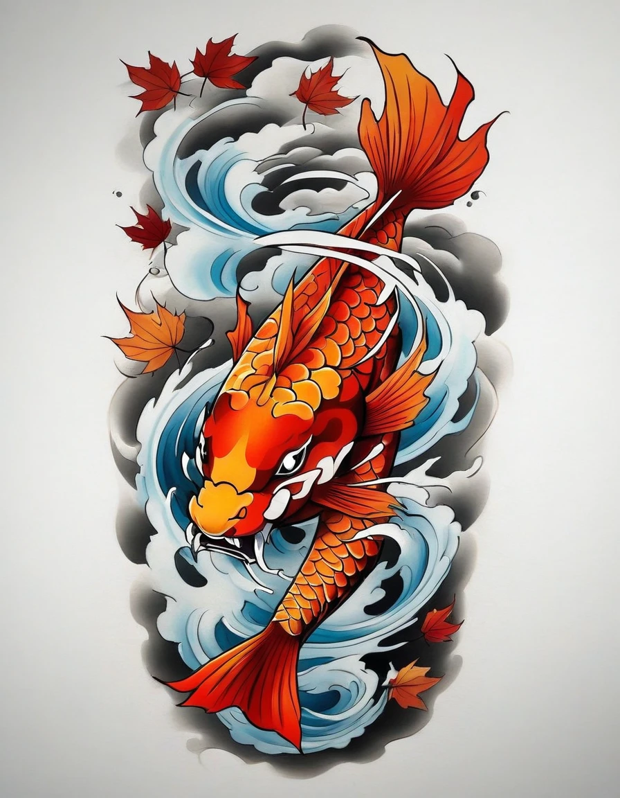 ((solo Koi fish)), Traditional Japanese tattoo design, realistic tattoo art of a red Koifish swimming up stream on wavy water, the background is Japanese wave tattoo with autumn leaves effects, (Unity 16K Wallpaper, masterpiece, Best Quality, high quality, Ultra-detailed, extremely details), ((solo Koi fish)), Traditional Japanese tattoo design, realistic tattoo art of a red Koifish swimming up stream on wavy water, the background is Japanese wave tattoo with autumn leaves effects, 
