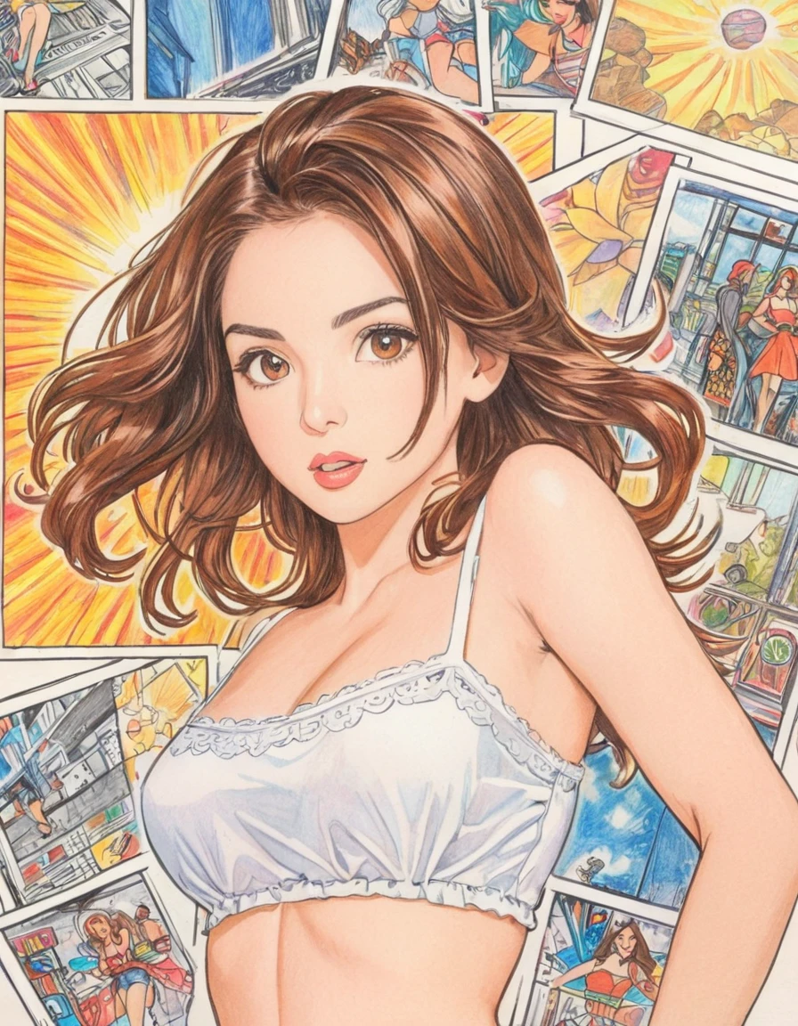 female,short camisole,white,Art,ad,colour pencil drawing,draft drawing ,comic collage,illustration