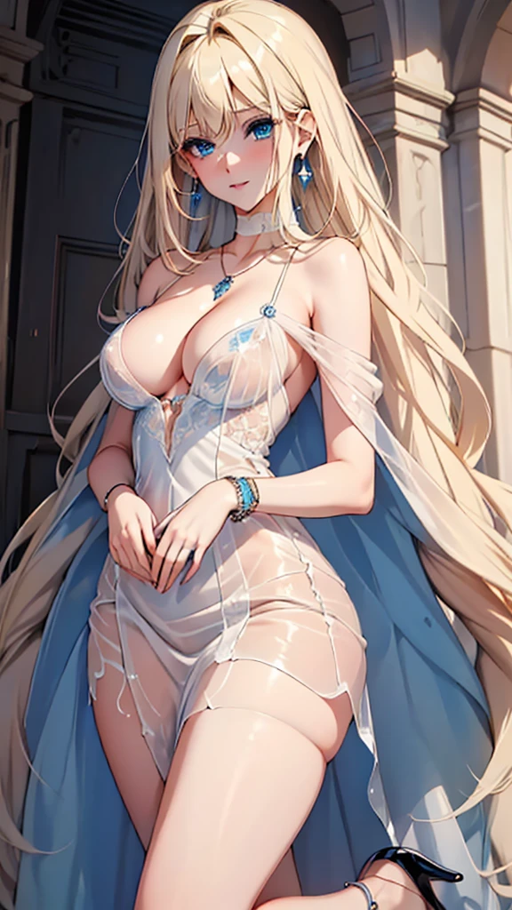 (((masterpiece, ultra HD, high resolution, ultra HD 8K))), one woman, (((shining blue eyes, highlight on eyes))), shining blonde long hair, earrings, (((sexy See-through hugging dress))), big breasts, (((beautiful face, beautiful body, tall, beautiful hands and legs, cleavage))), necklace, bracelet, ring, anklet, transparent high heels, fashion model pose, beautiful upper body standing figure
